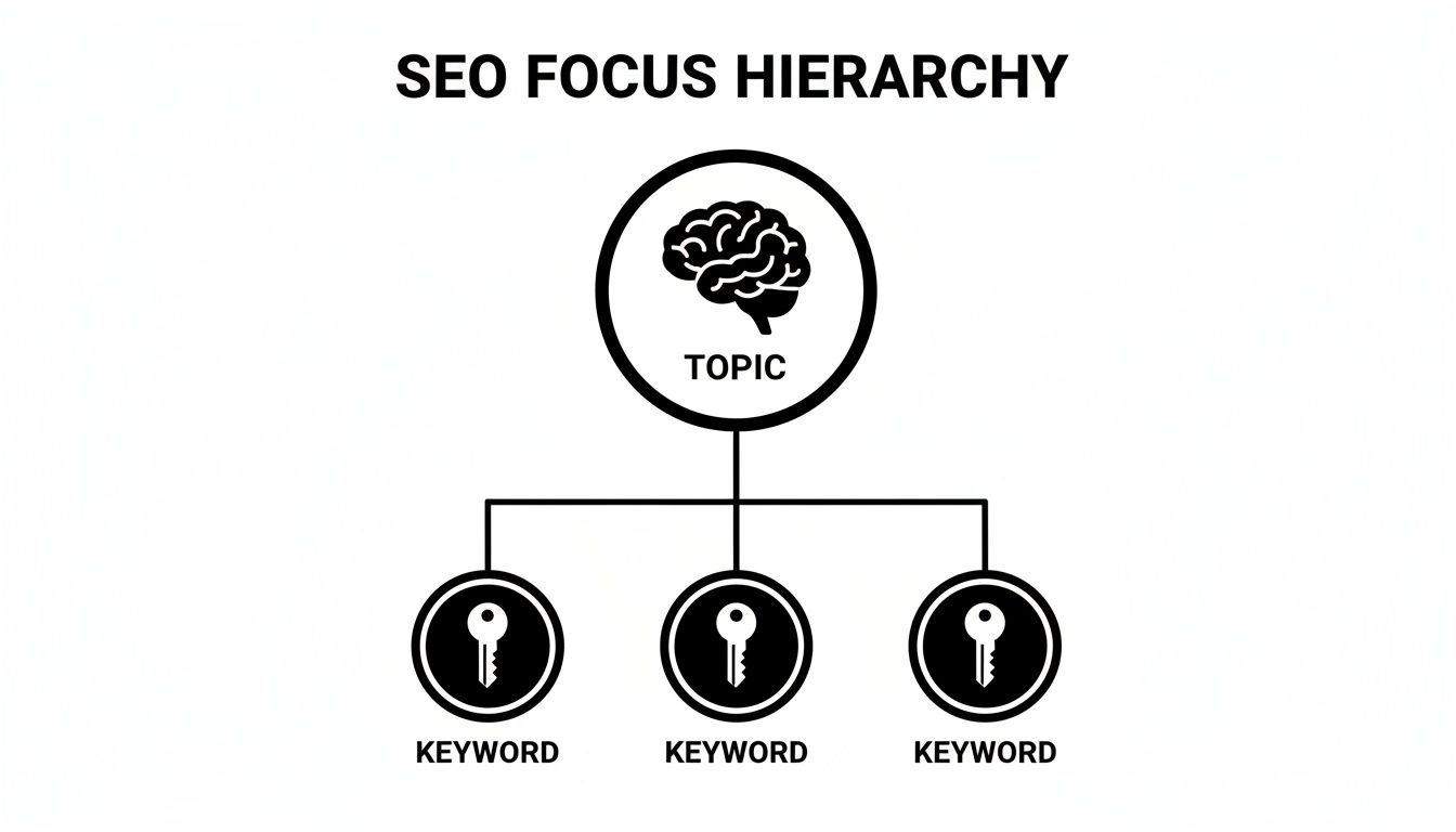 A diagram illustrating the SEO focus hierarchy, showing one main topic branching into three related keywords.