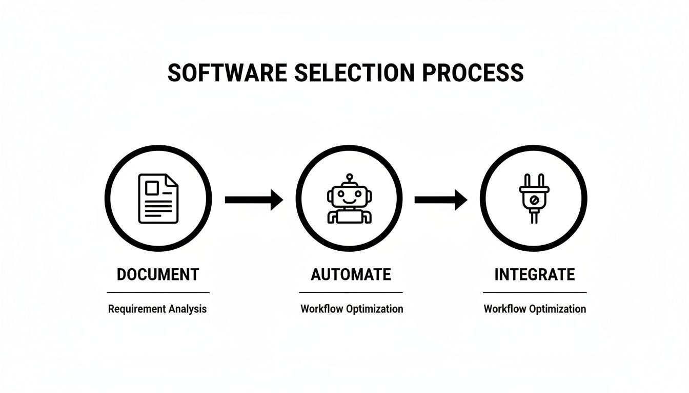 Diagram illustrating the software selection process, detailing steps for documentation, automation, and integration.