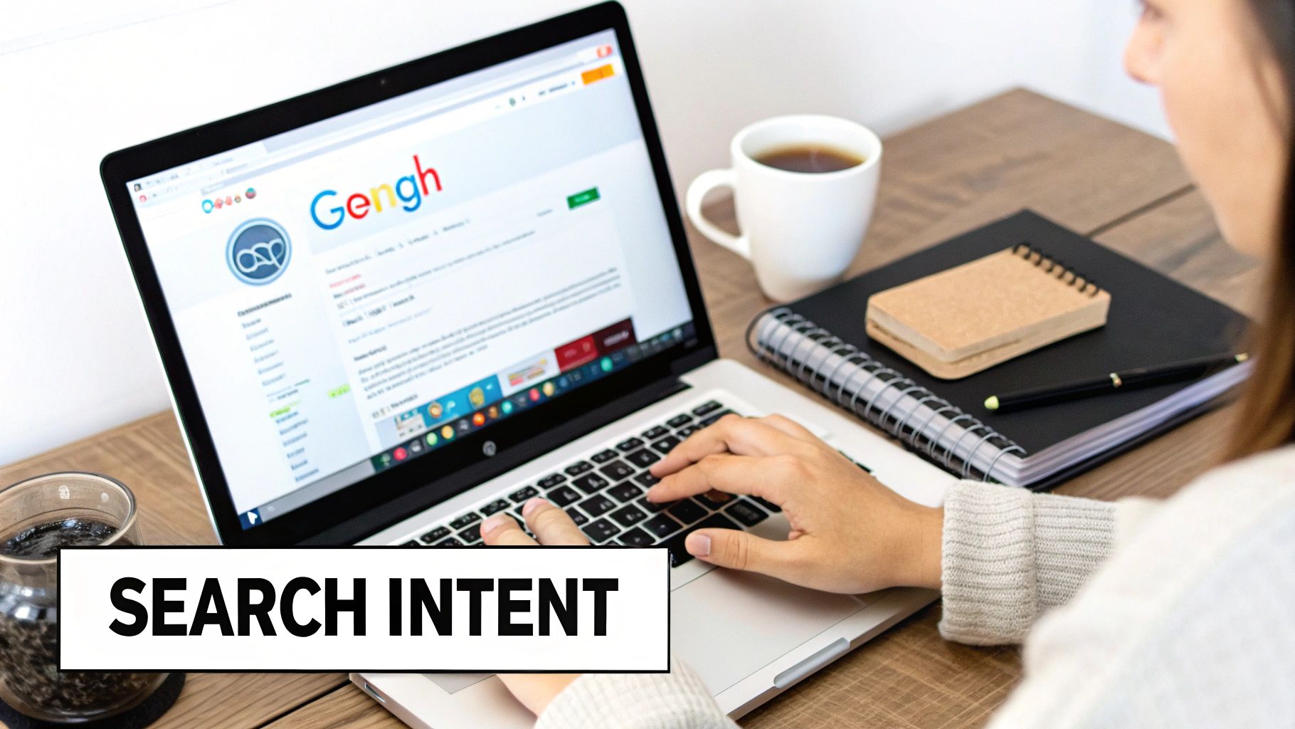 Person typing on a laptop showing a search engine, with a 'SEARCH INTENT' banner. Coffee and notebooks are on the desk.