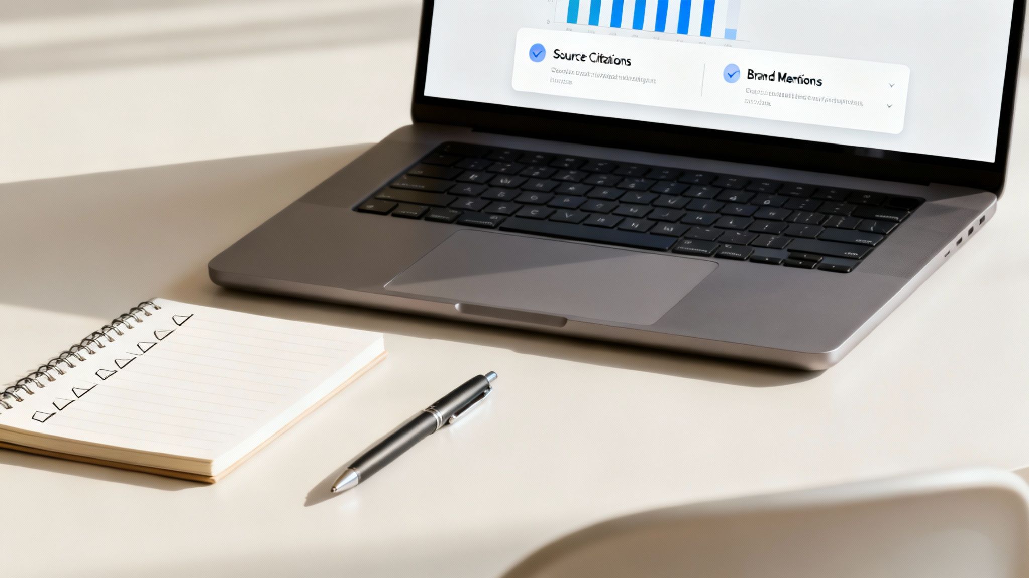 A laptop on a desk showing a dashboard with 'Source Citations' and 'Brand Mentions', next to a notebook and pen.