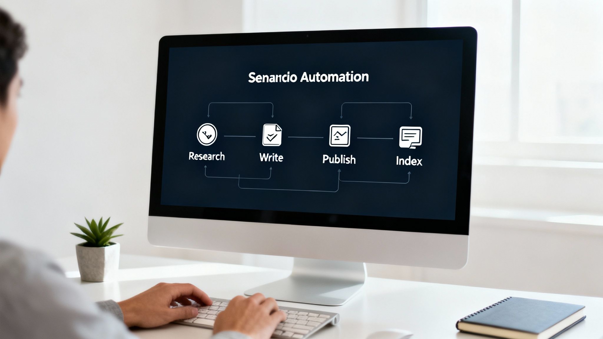 A person views a computer monitor displaying the Senancio Automation workflow: Research, Write, Publish, Index.