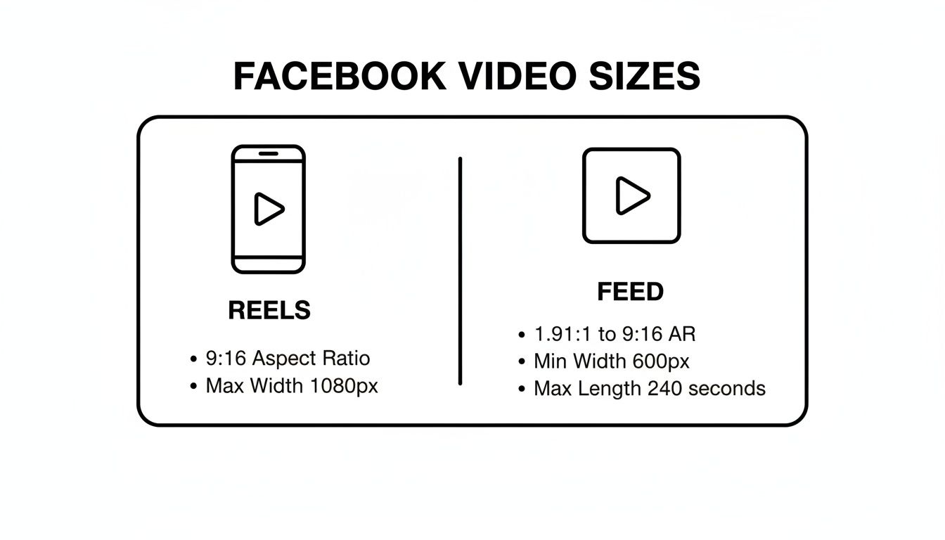 Facebook video size guide for Reels and Feed, with aspect ratios, width, and length.