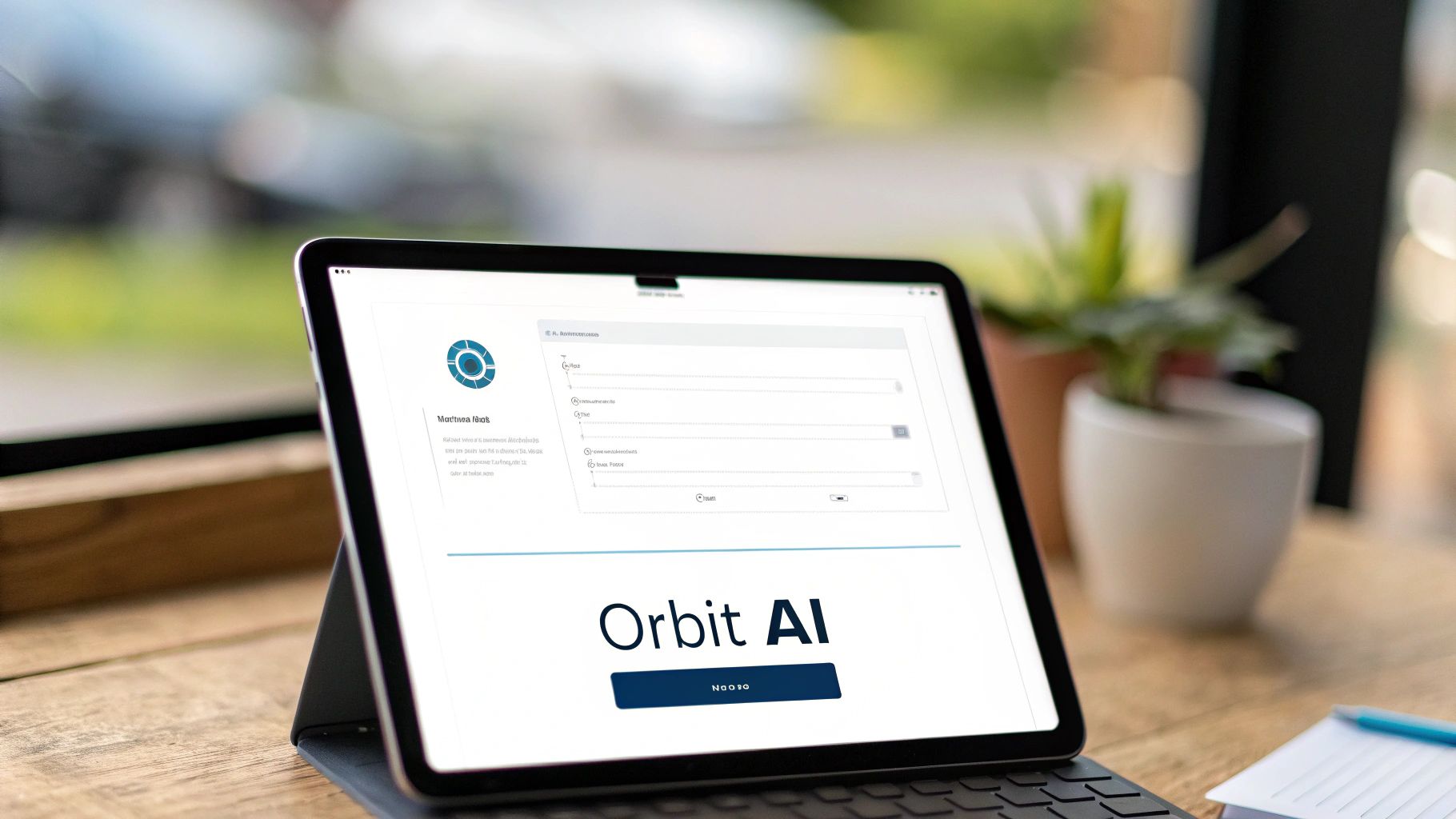 A tablet displaying lead distribution software with 'Orbit AI' branding on a wooden desk.