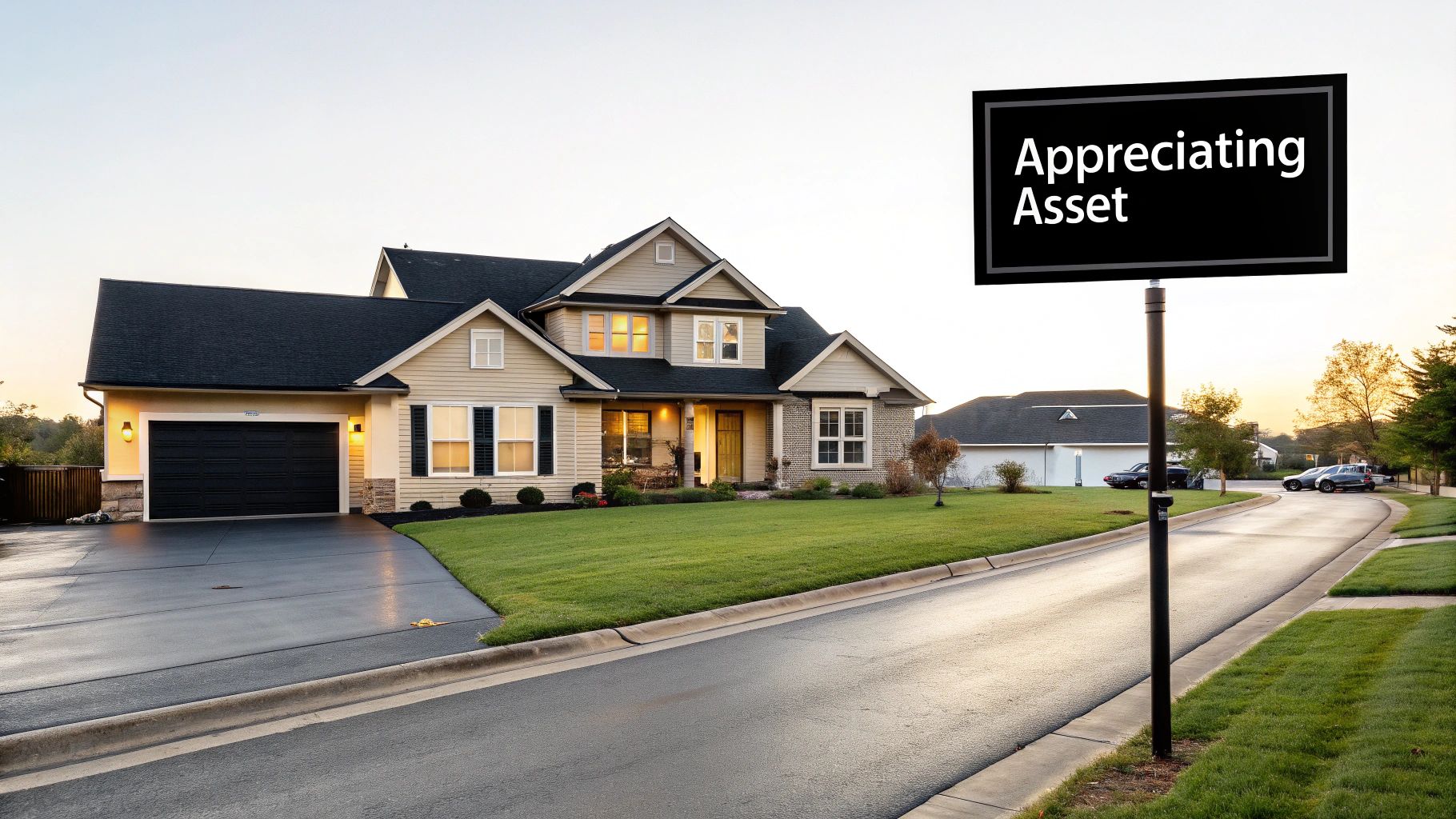 A modern suburban house with a green lawn and driveway, next to an 'Appreciating Asset' sign.