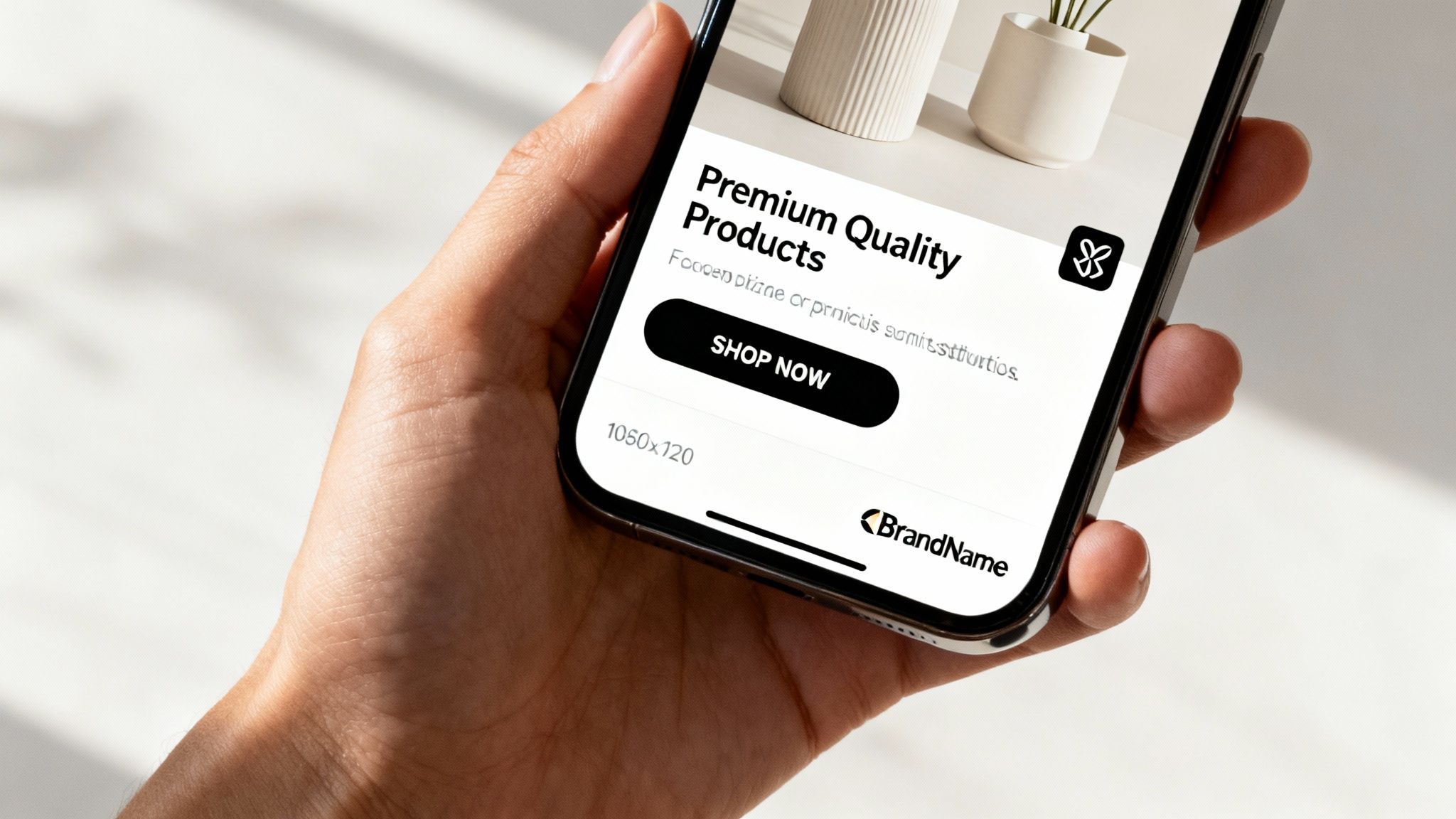 Hand holding a smartphone displaying a 'Premium Quality Products' ad with a 'SHOP NOW' button.