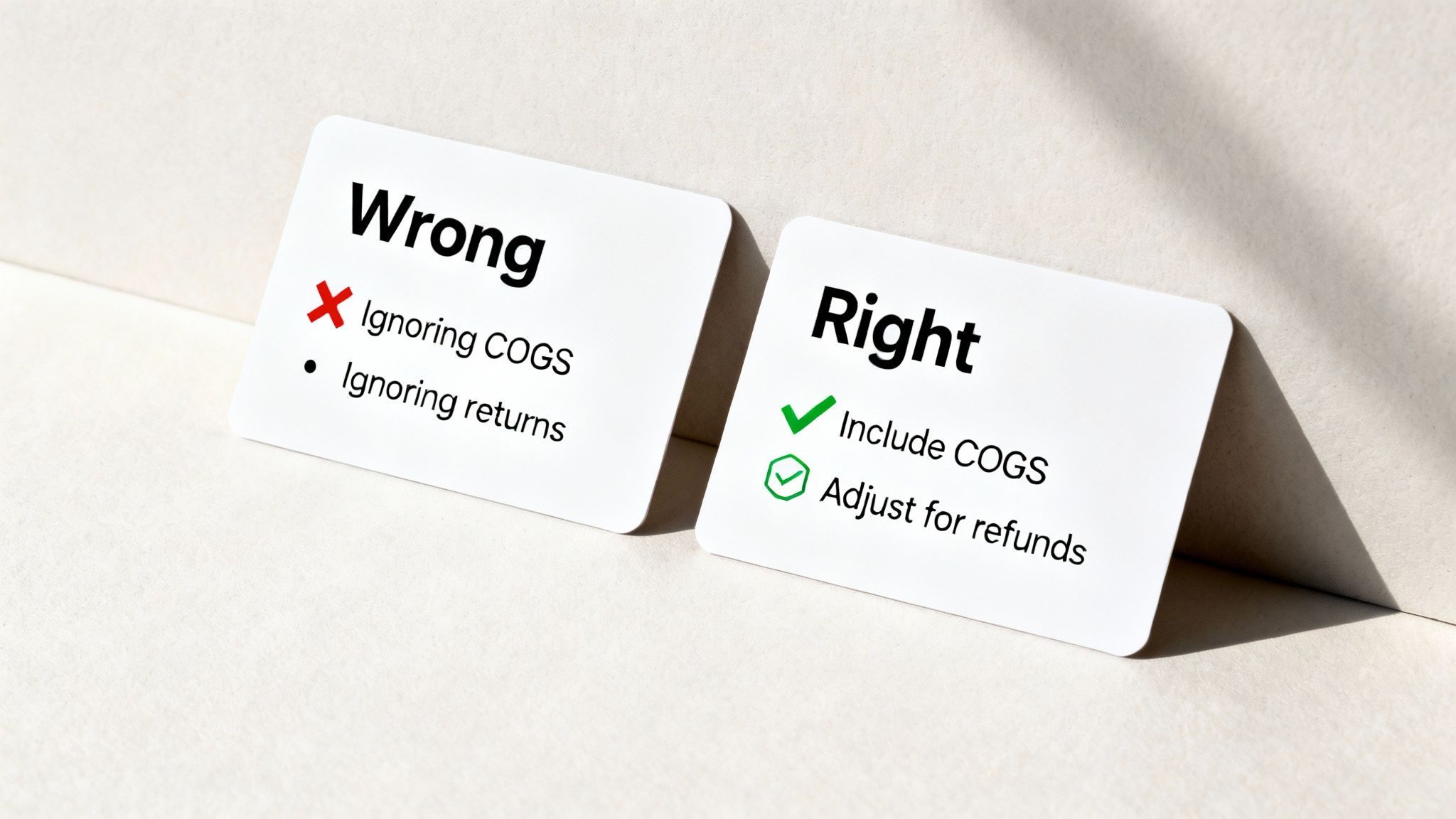 Two cards illustrate wrong versus right financial practices for COGS, returns, and refunds.