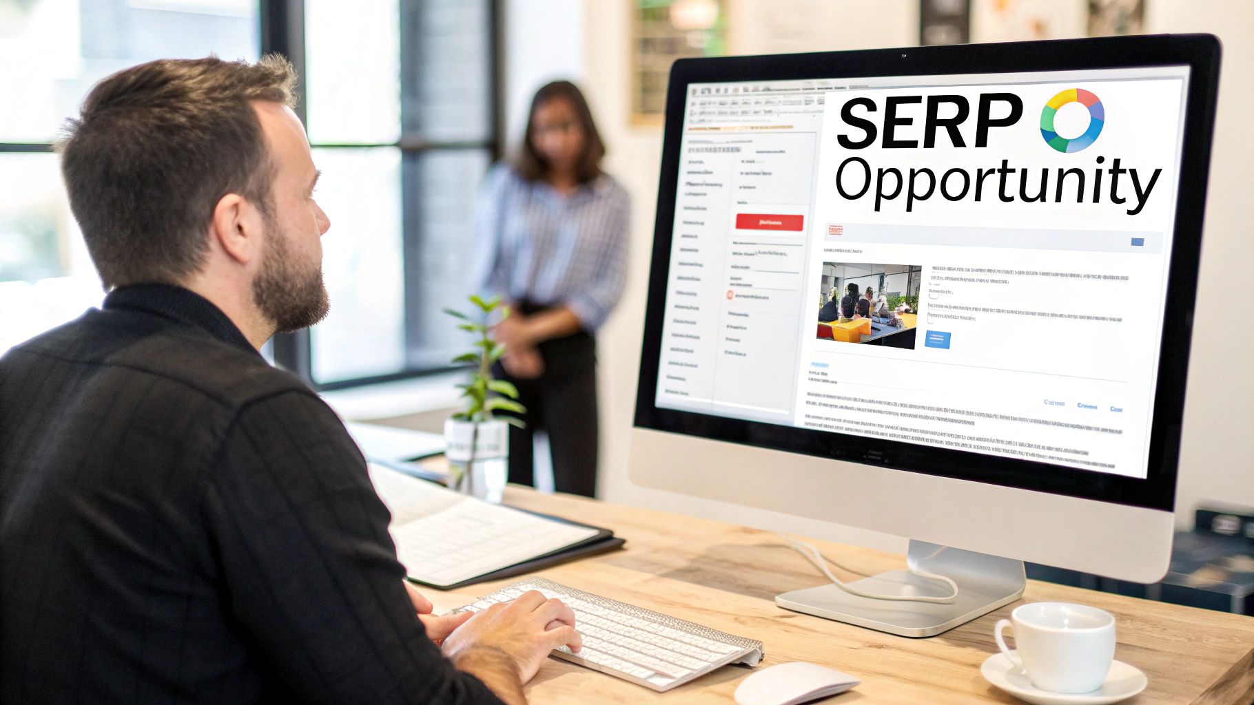 A man works at a computer displaying 'SERP Opportunity' on the screen, focusing on digital marketing.
