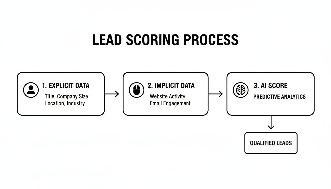A flowchart illustrating the lead scoring process using explicit, implicit data, and AI for qualified leads.