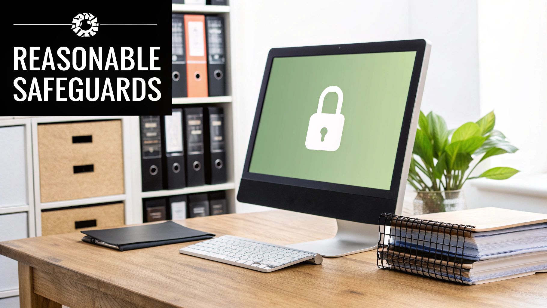 An office desk with a computer monitor displaying a padlock icon, symbolizing digital security and reasonable safeguards.