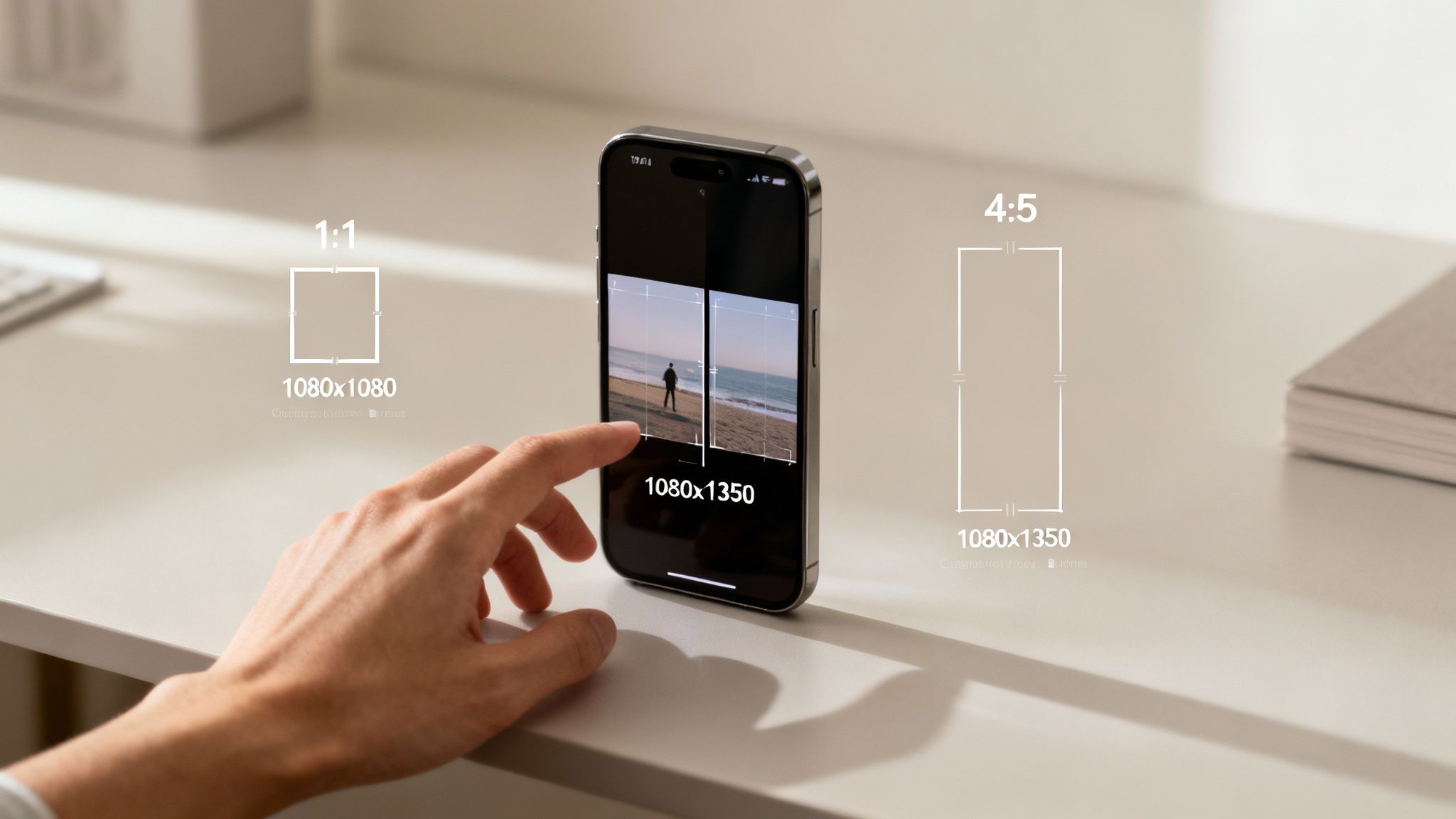 A hand interacts with a smartphone displaying two images and aspect ratio guides for 1:1 and 4:5.