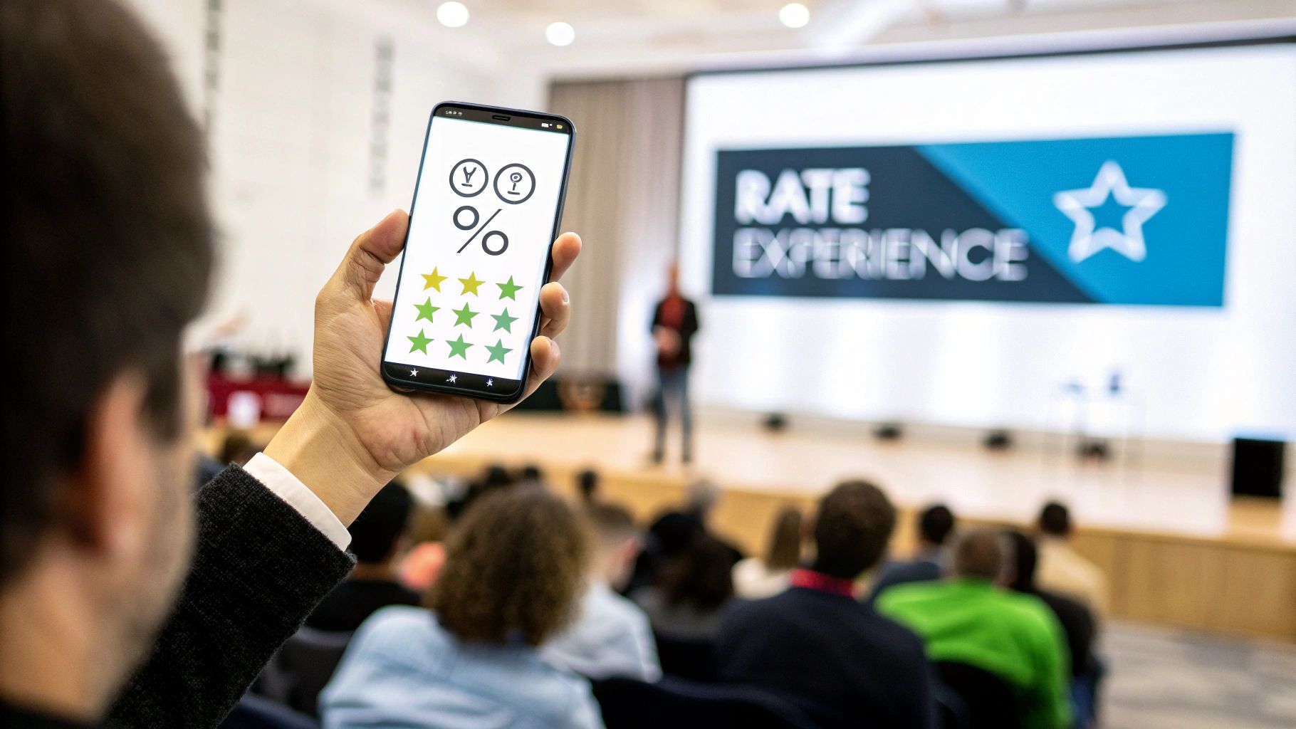 A person holds a smartphone displaying a star rating interface during a conference with 'RATE EXPERIENCE' on screen.