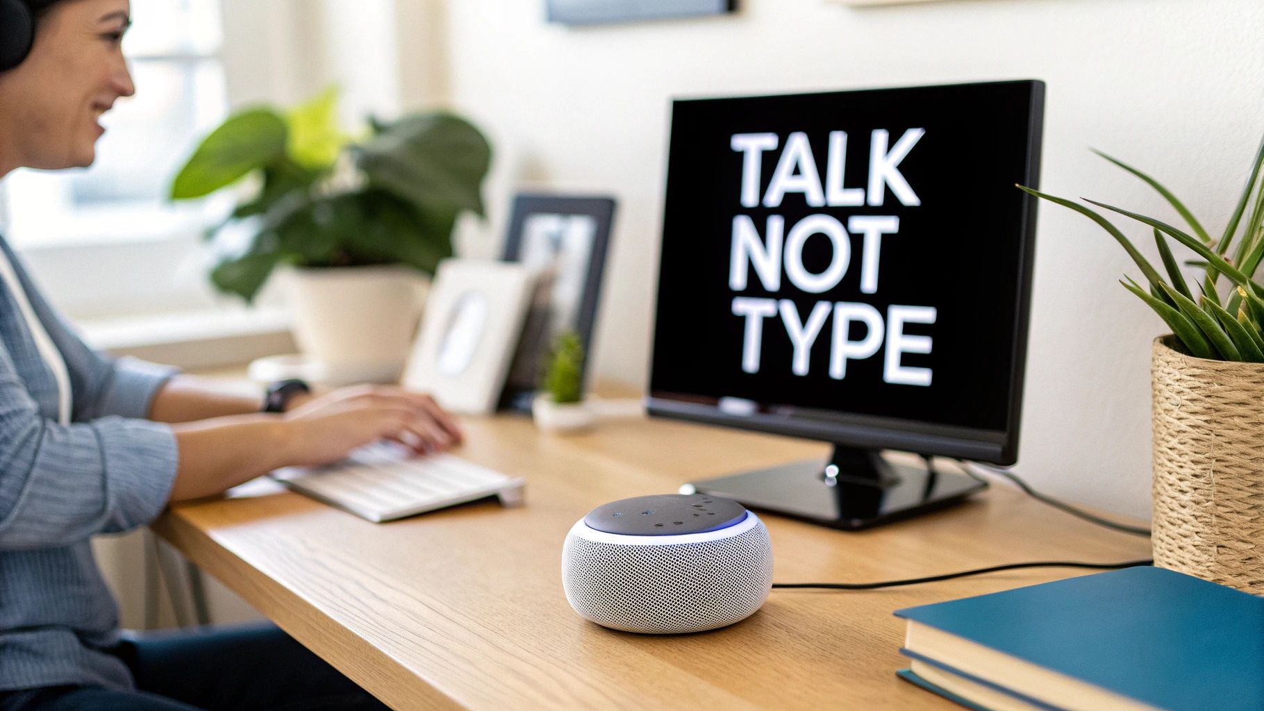 A person typing at a desk with headphones, next to a smart speaker and a monitor encouraging voice interaction.