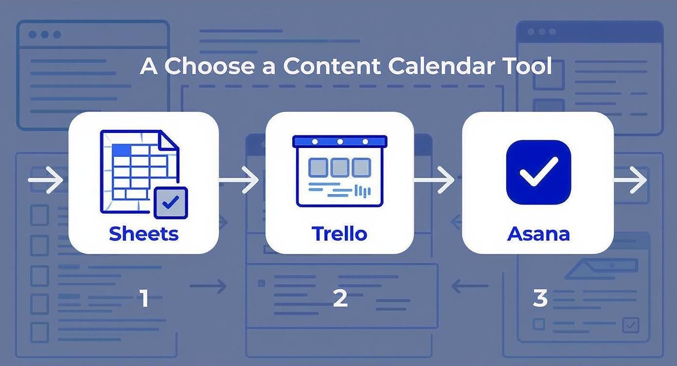 Infographic showing the process flow of choosing content calendar tools from Sheets to Trello to Asana.
