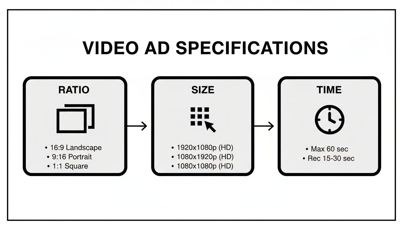 Infographic detailing video ad specifications including aspect ratios, sizes, and recommended lengths.