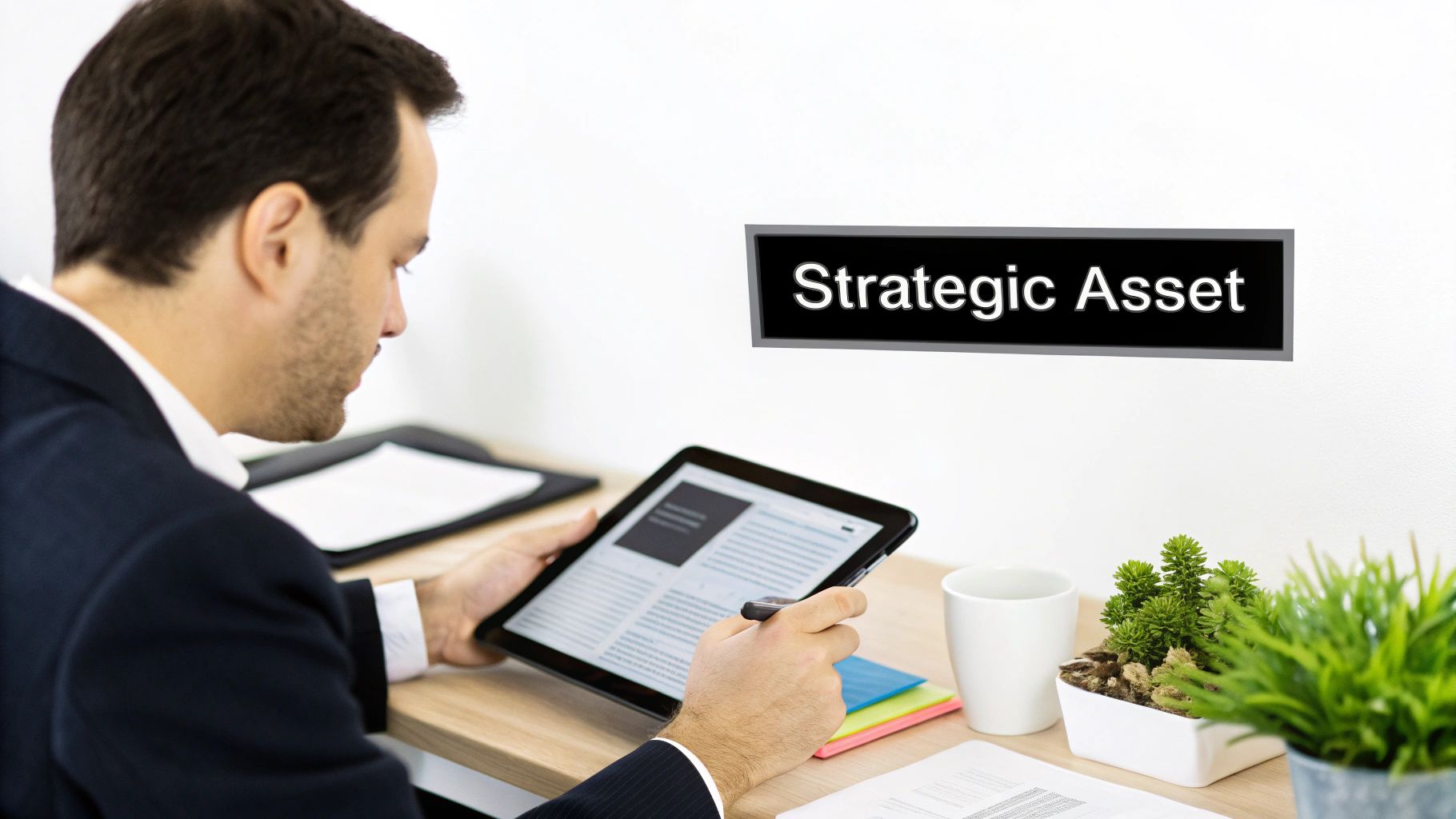 A man in a suit works on a tablet at a desk, with a prominent "Strategic Asset" sign.