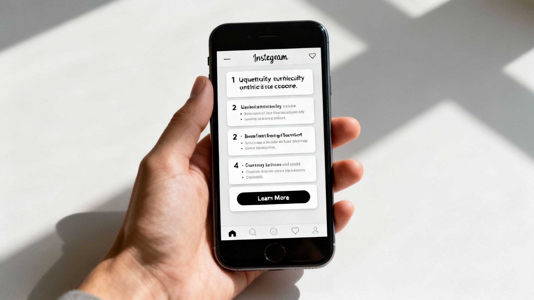 A hand holds a smartphone displaying an Instagram screen with a numbered list and a 'Learn More' button.