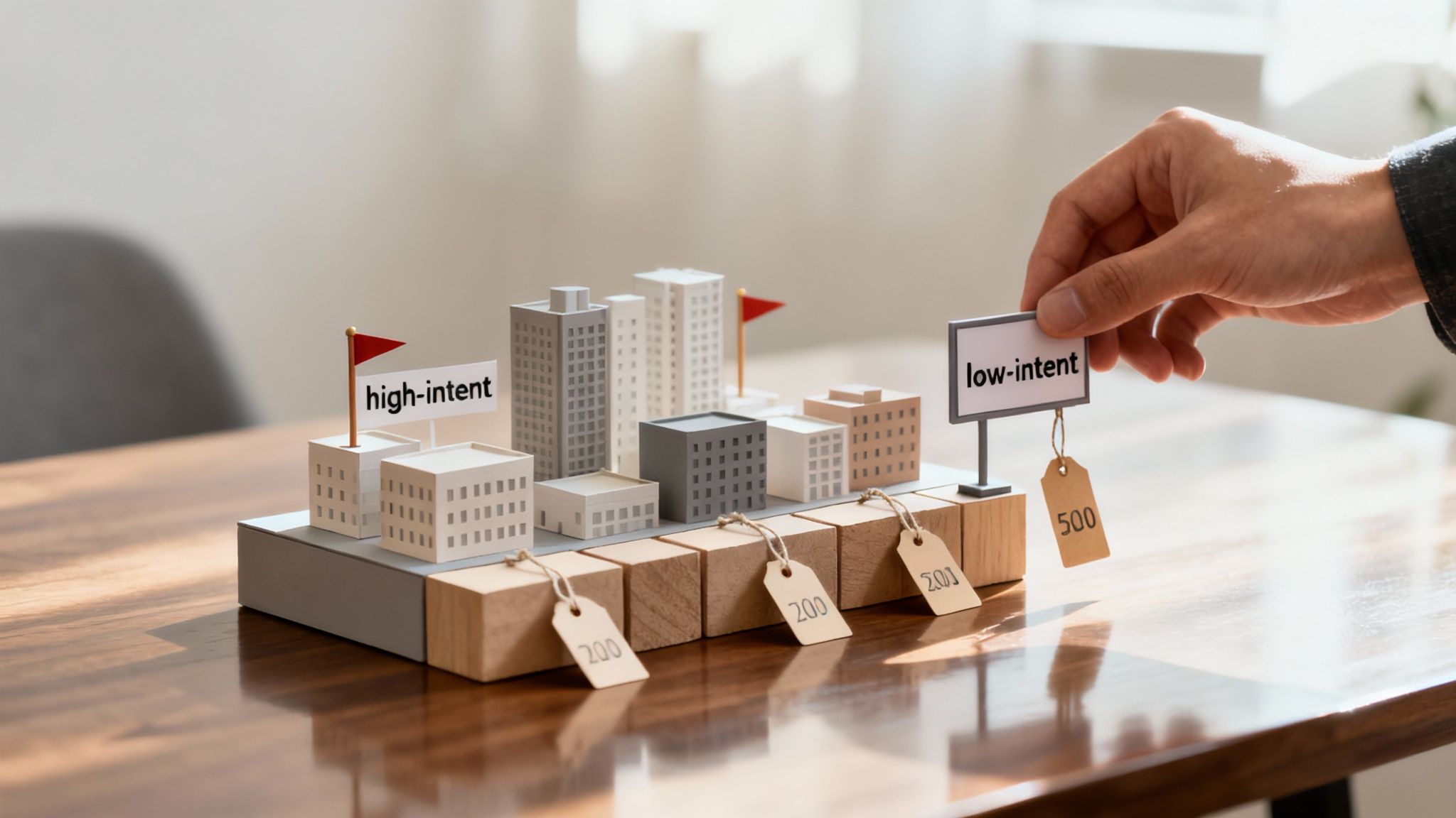 A hand places a 'low-intent' sign with a '500' price tag on a miniature city model.