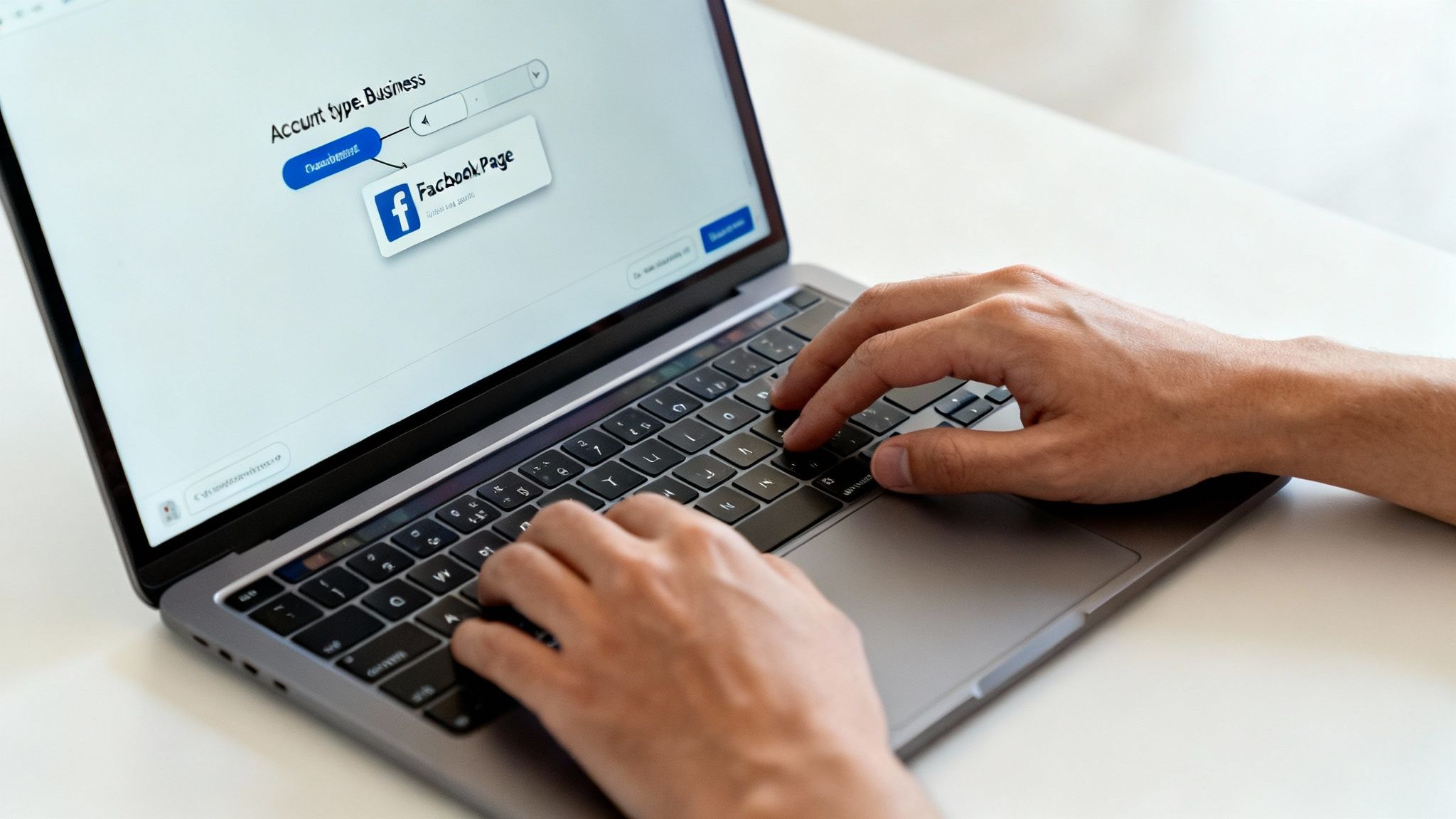 Close-up of hands typing on a laptop showing 'Account type: Business' and 'Facebook Page' options.