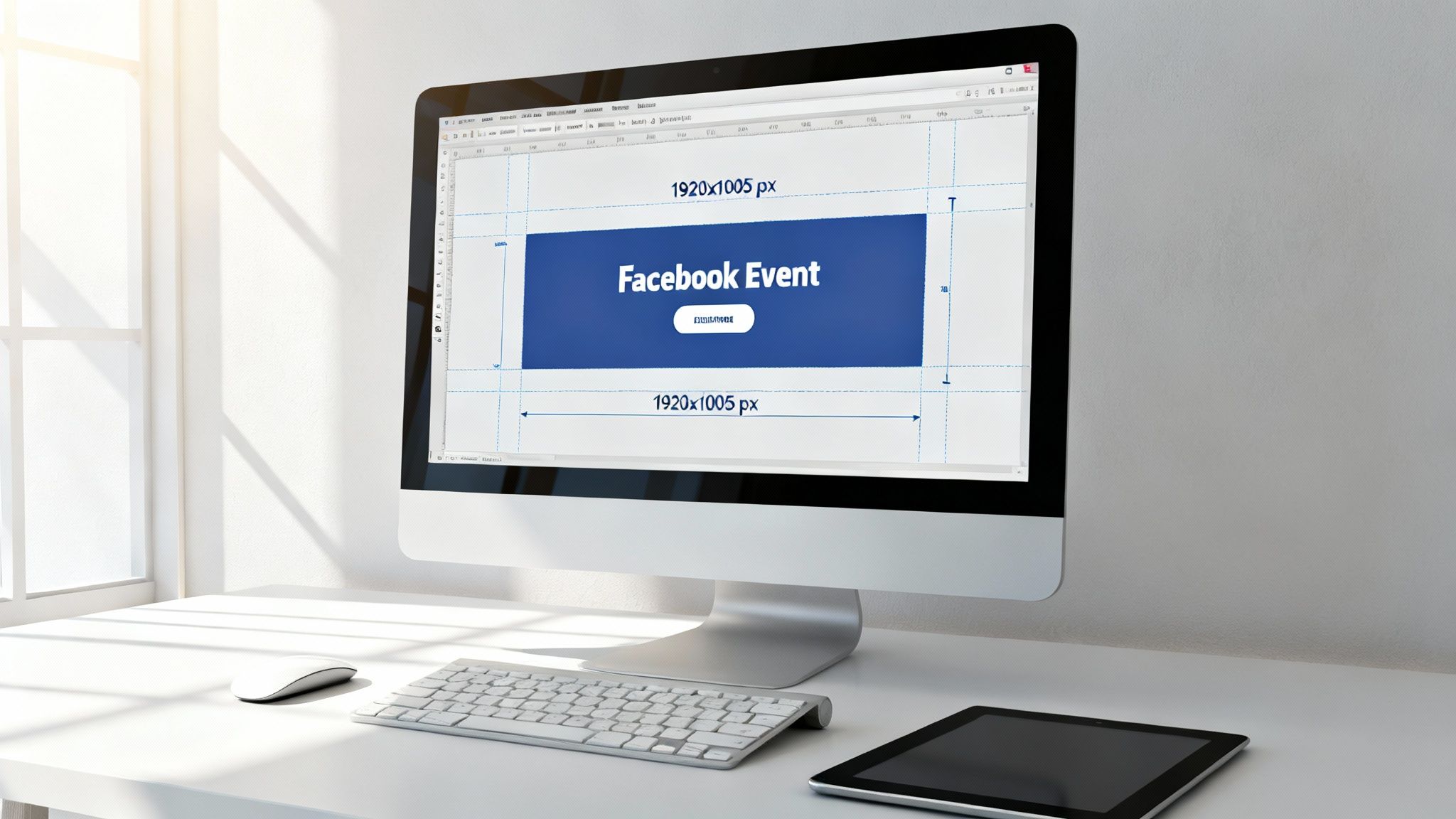 A computer screen displays a Facebook event banner design with 1920x1005 px dimensions on a clean desk.