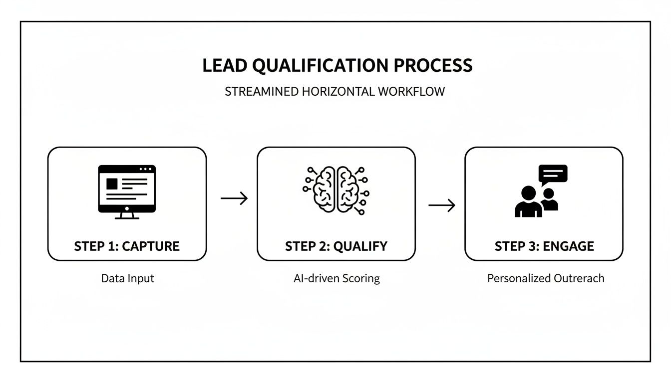 Diagram showing a three-step lead qualification process: capture, qualify, engage, with AI-driven scoring and personalized outreach.