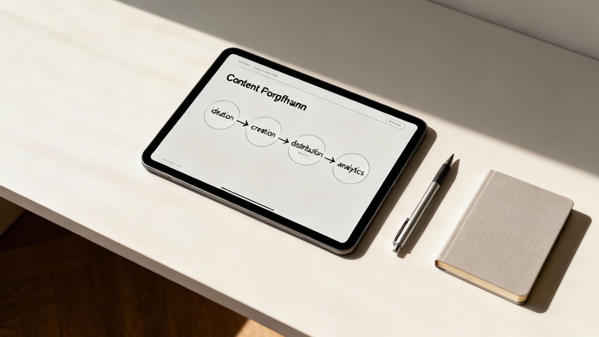 A person at a desk mapping out a content workflow on a large whiteboard, with sticky notes and flowcharts.
