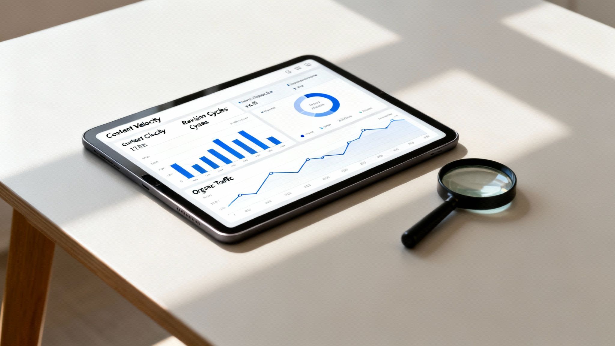 A tablet displays data analytics dashboards with charts, graphs, and percentages, beside a magnifying glass.