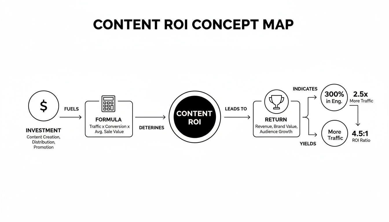 Content ROI concept map detailing the relationship between investment, formula, and various returns metrics.