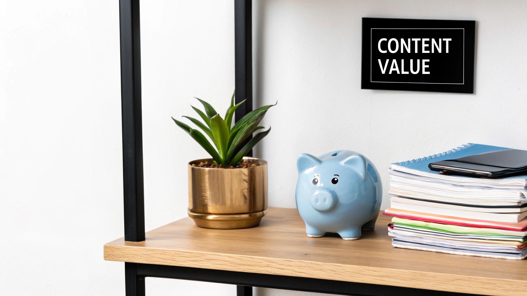 A modern shelf displaying a plant, blue piggy bank, notebooks, and a 'CONTENT VALUE' sign.