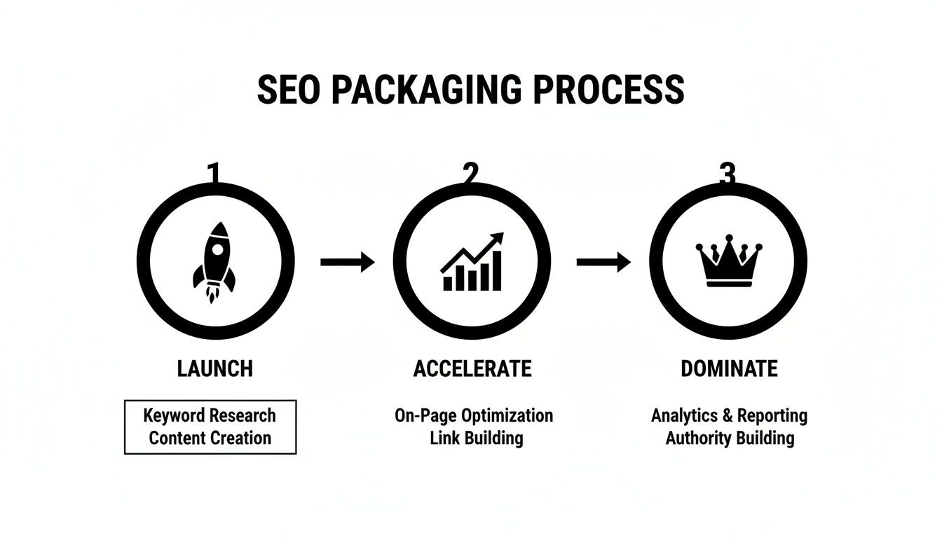 A diagram illustrating the SEO Packaging Process with three steps: Launch, Accelerate, and Dominate, including associated tasks.