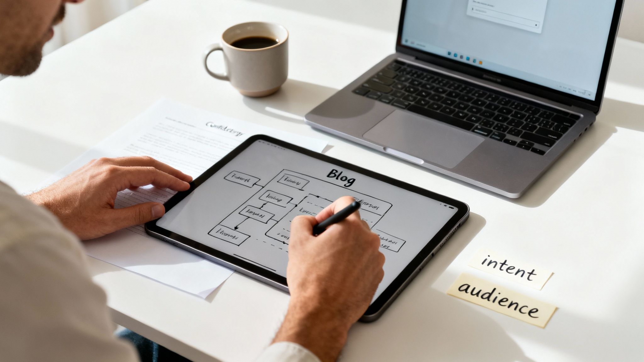Person sketching blog content ideas on a tablet with a stylus, surrounded by a laptop and coffee, optimizing strategy.