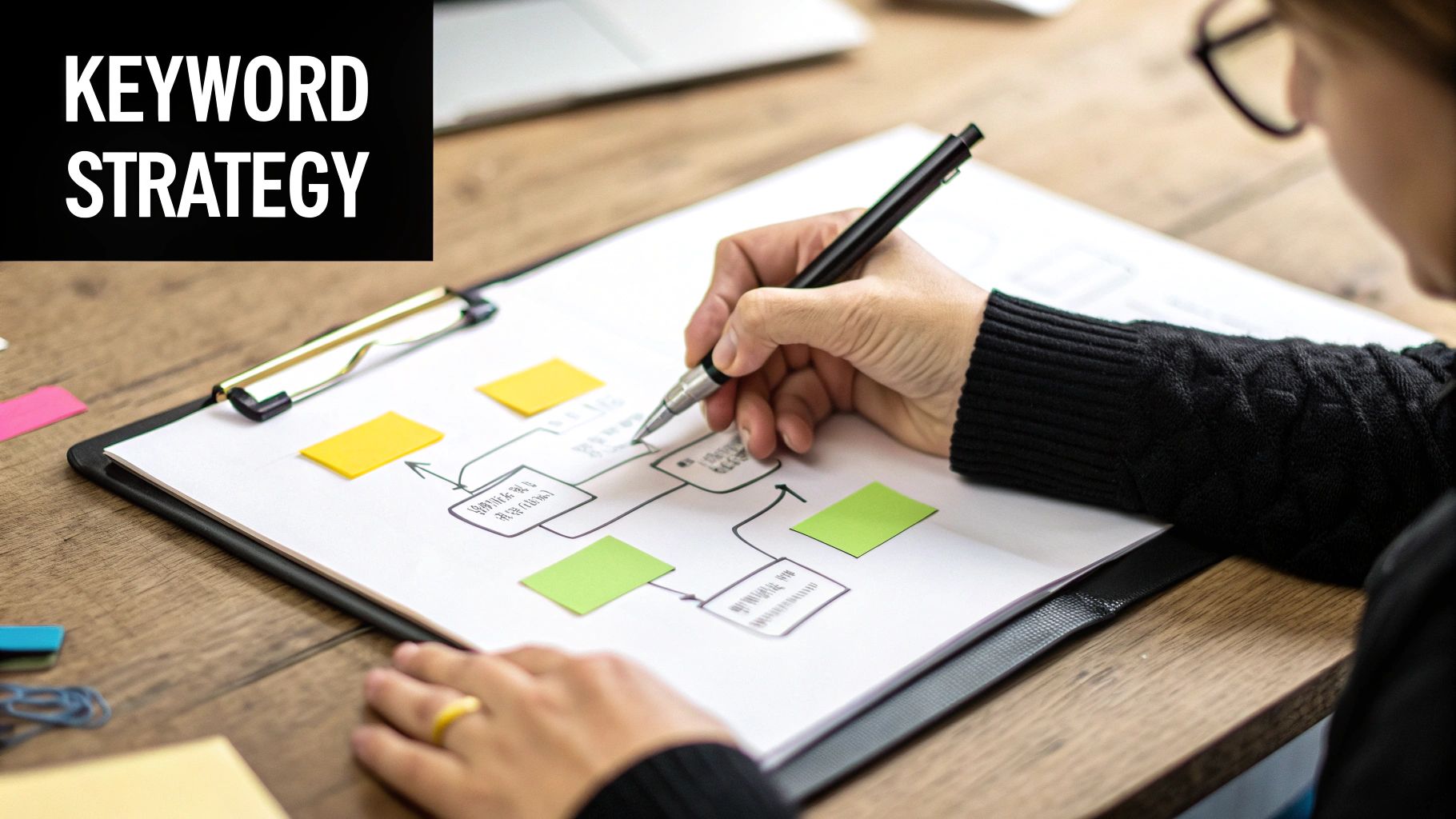 A person's hands drawing a keyword strategy flowchart on paper with colorful sticky notes.