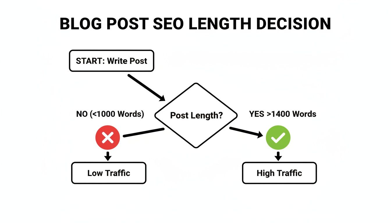 Flowchart illustrating blog post SEO length decision, suggesting posts over 1400 words lead to high traffic.