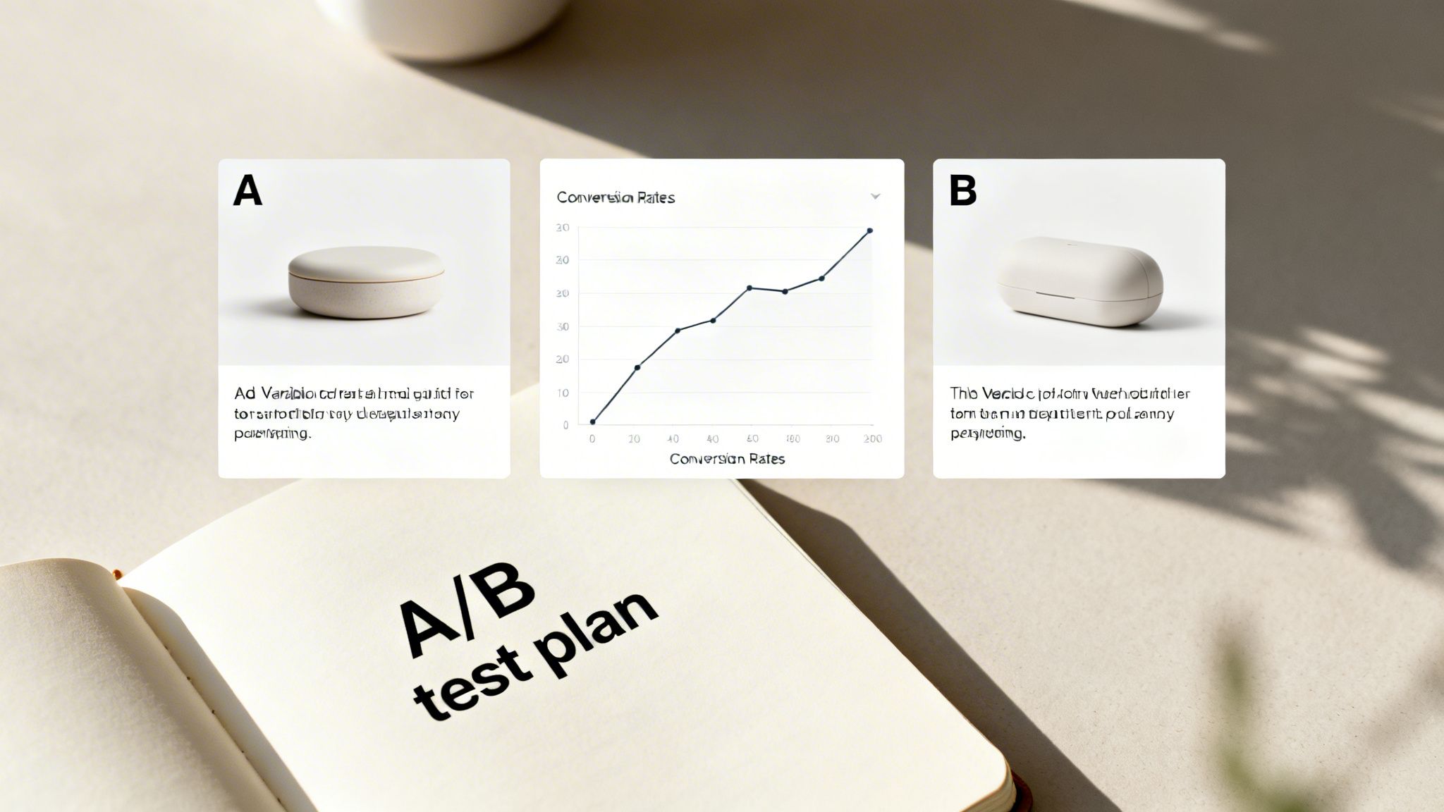 An open notebook showing 'A/B test plan' with cards illustrating product variations and a conversion rate graph.