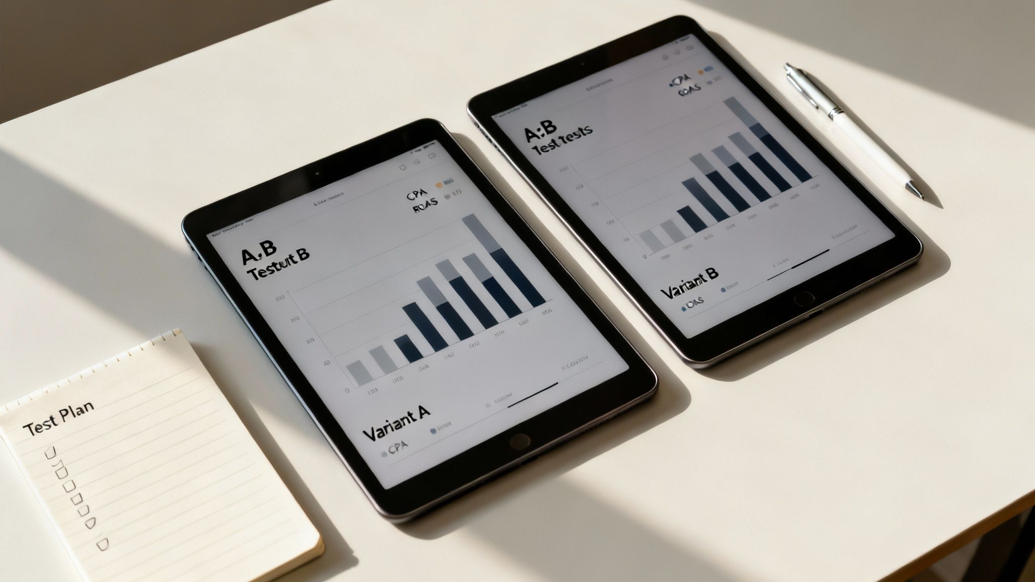 Two tablets display A/B test results with charts, beside a notebook titled 'Test Plan' and a pen.