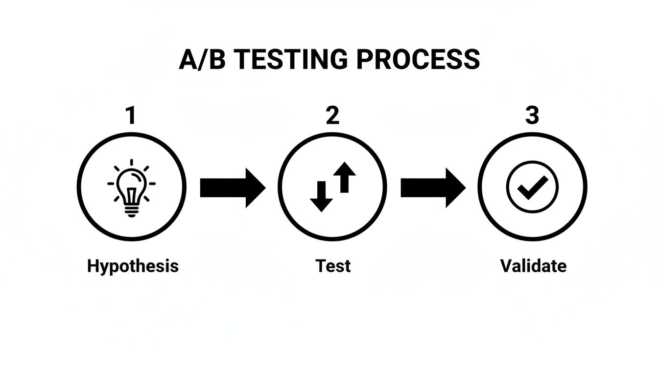 An infographic detailing the three-step A/B testing process, including Hypothesis, Test, and Validate stages.