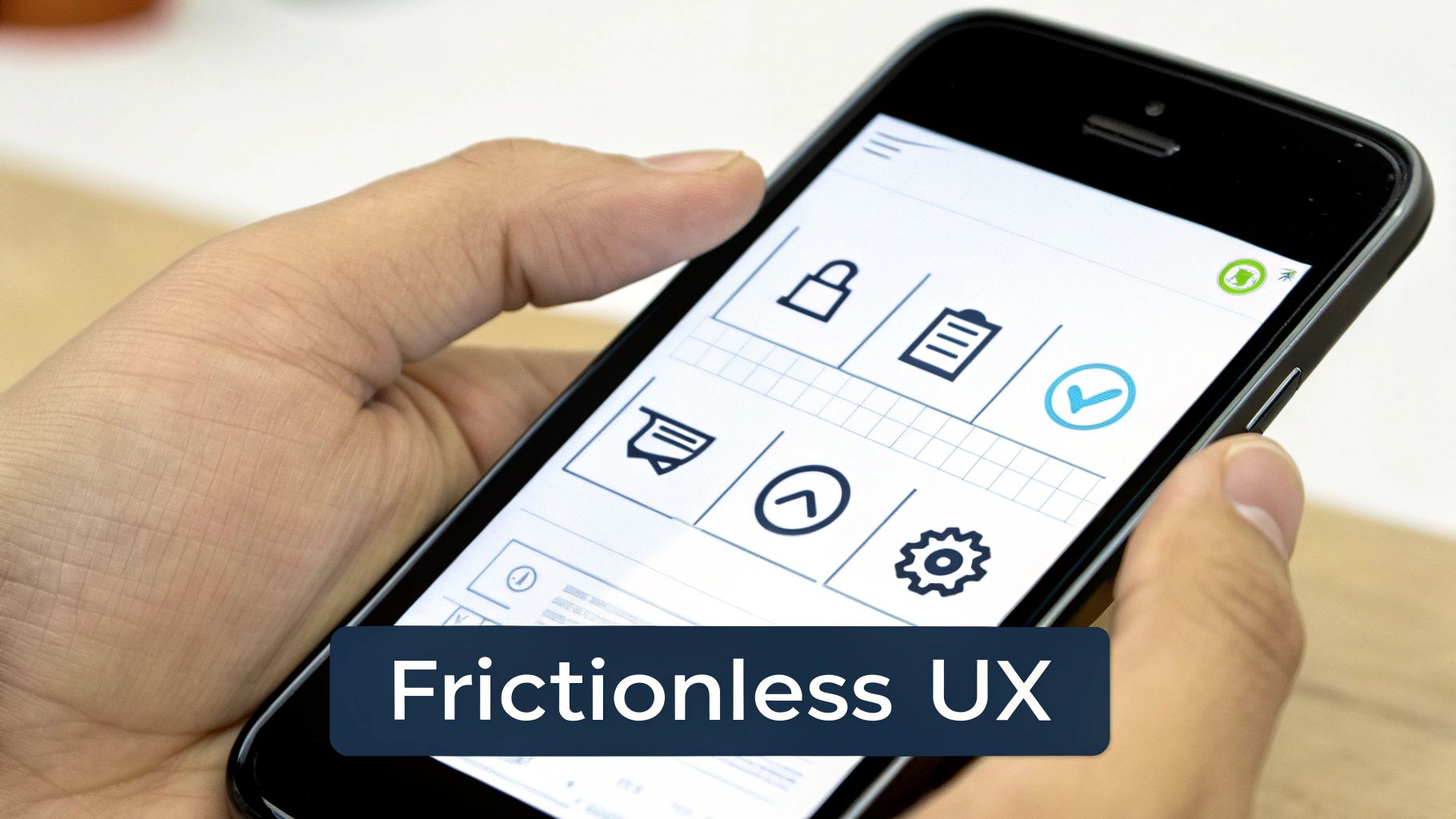 Close-up of a hand holding a smartphone displaying a clean user interface with various icons and 'Frictionless UX' text.