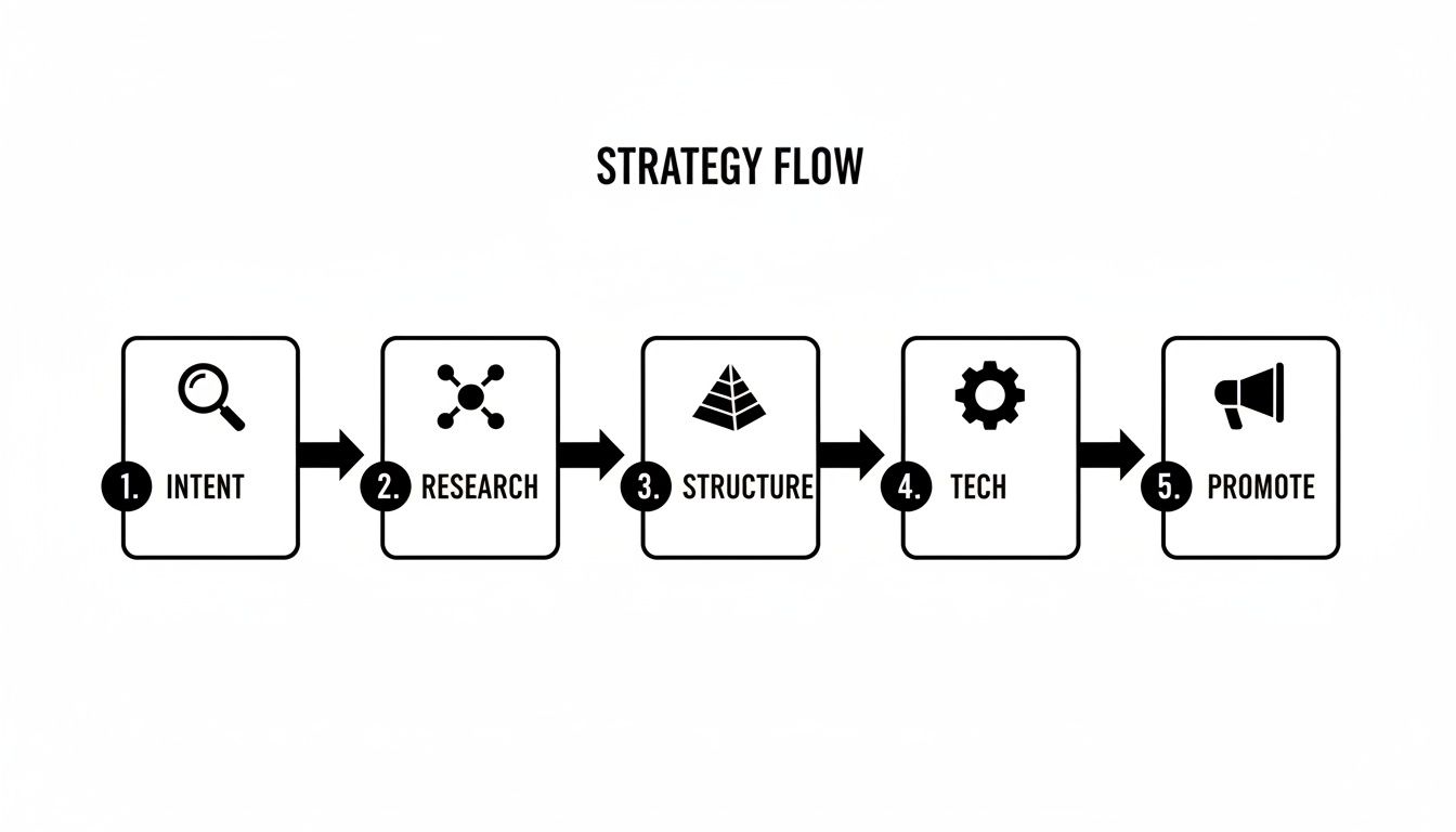 A strategy flow diagram illustrating five key steps: Intent, Research, Structure, Tech, and Promote.