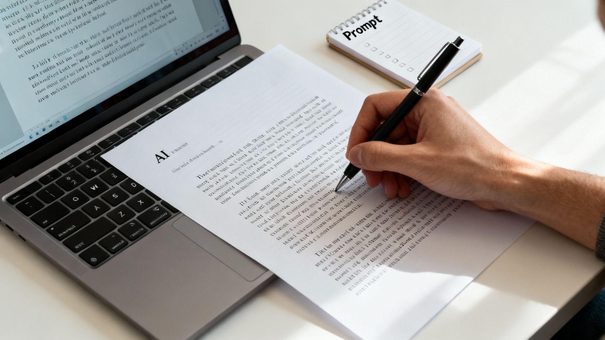 A person's hand writes on a document with 'AI' next to a laptop and a 'Prompt' notepad.
