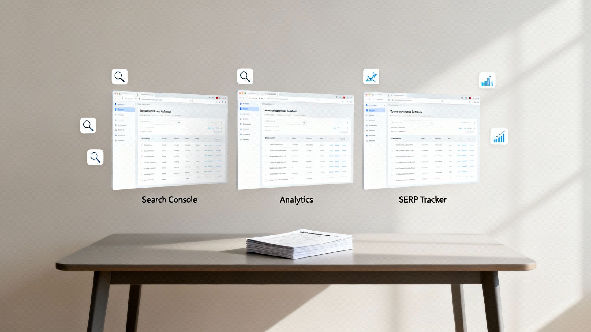 Three screens displaying SEO tools: Search Console, Analytics, and SERP Tracker, with related icons.