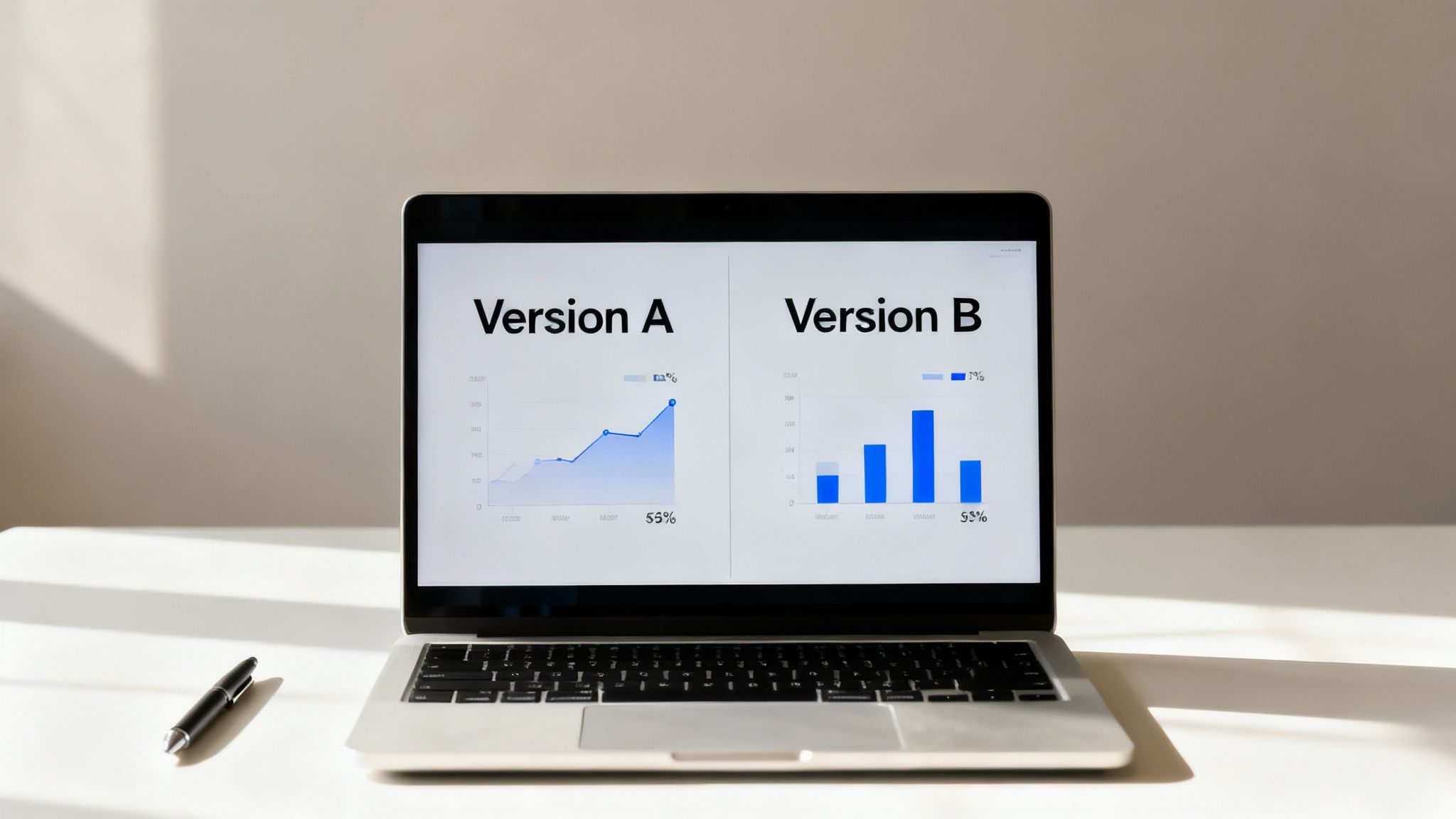 A laptop screen displays an A/B test comparing 'Version A' with a line graph and 'Version B' with a bar chart.