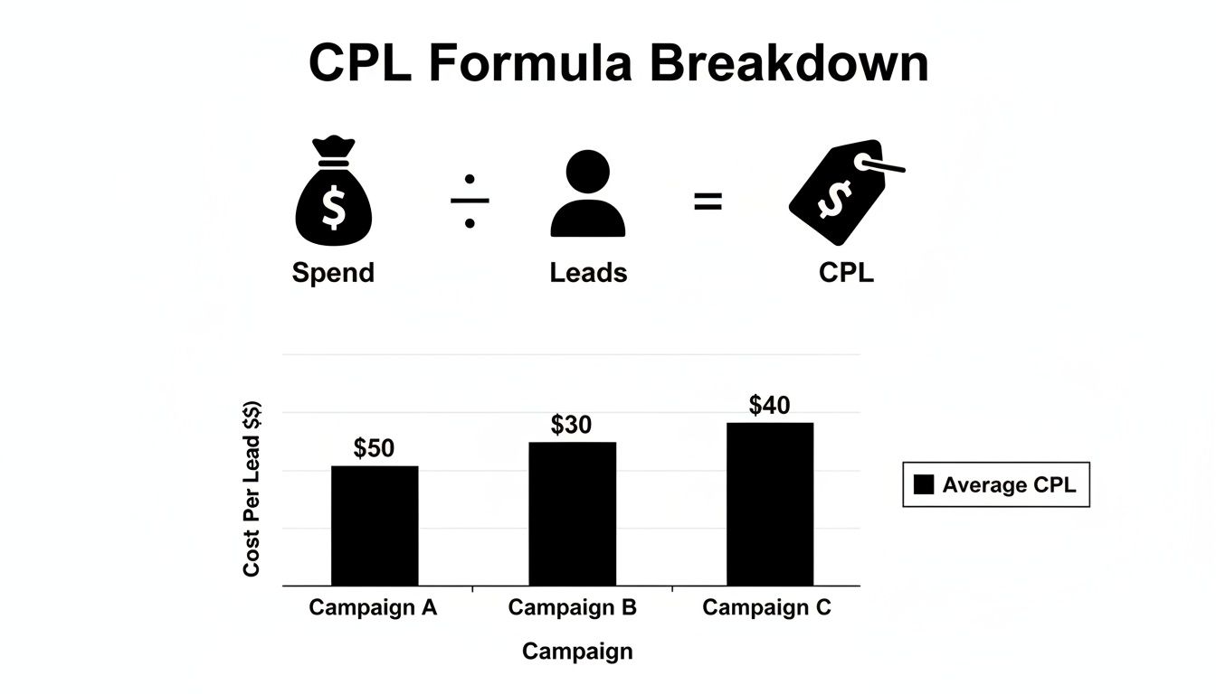Image explaining CPL formula as Spend divided by Leads and a bar chart comparing CPL for three campaigns.