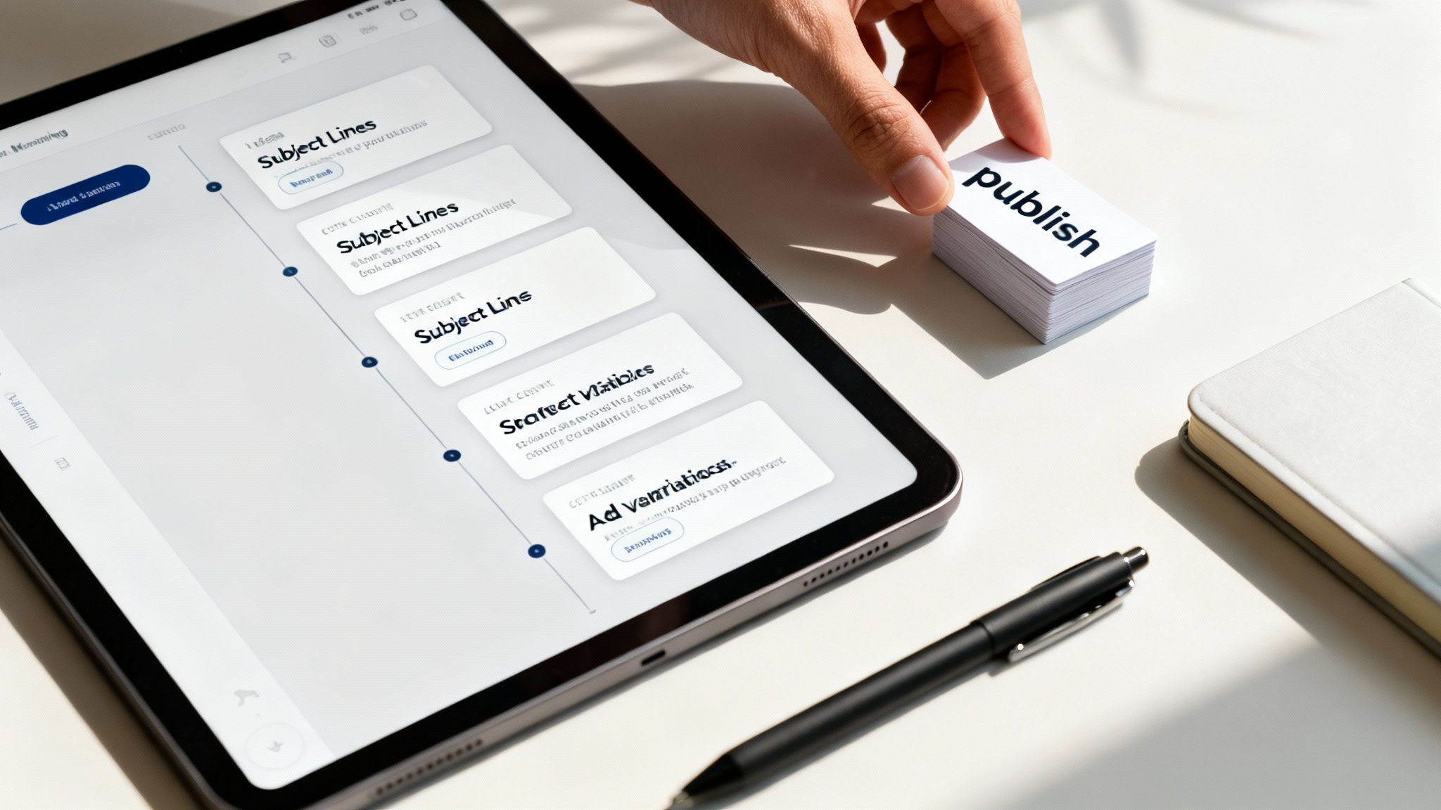 A hand places a 'publish' card next to a tablet displaying content creation stages and subject lines.
