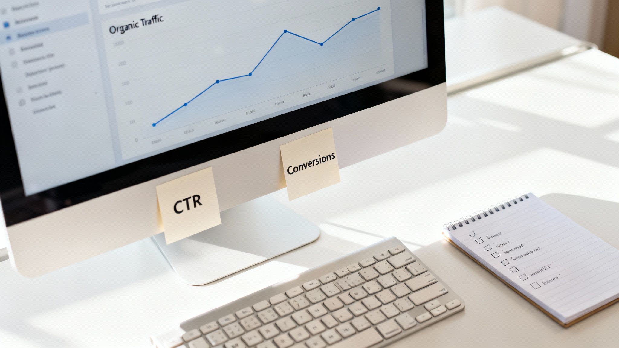 Computer monitor displaying an 'Organic Traffic' graph with 'CTR' and 'Conversions' sticky notes, on a white desk with keyboard and notebook.