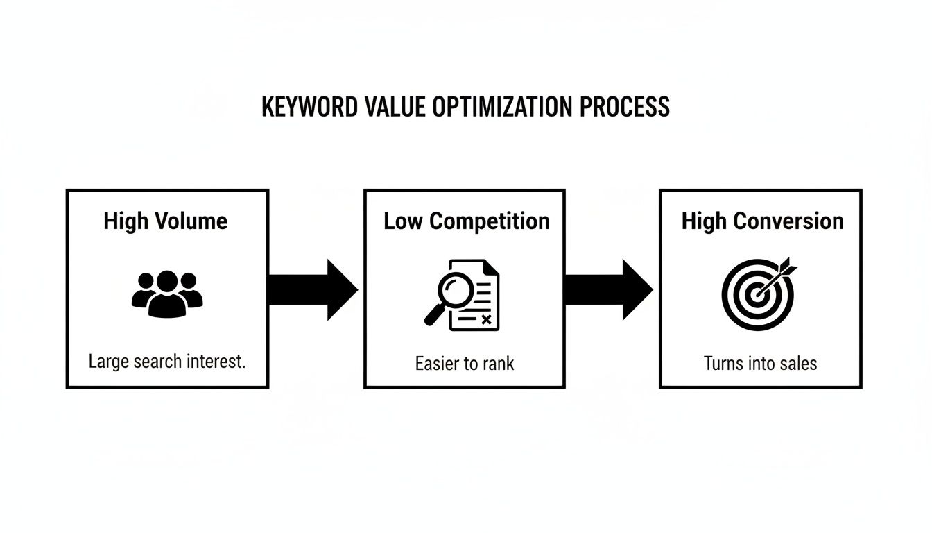 A Keyword Value Optimization Process: targeting high volume, low competition, and high conversion keywords.