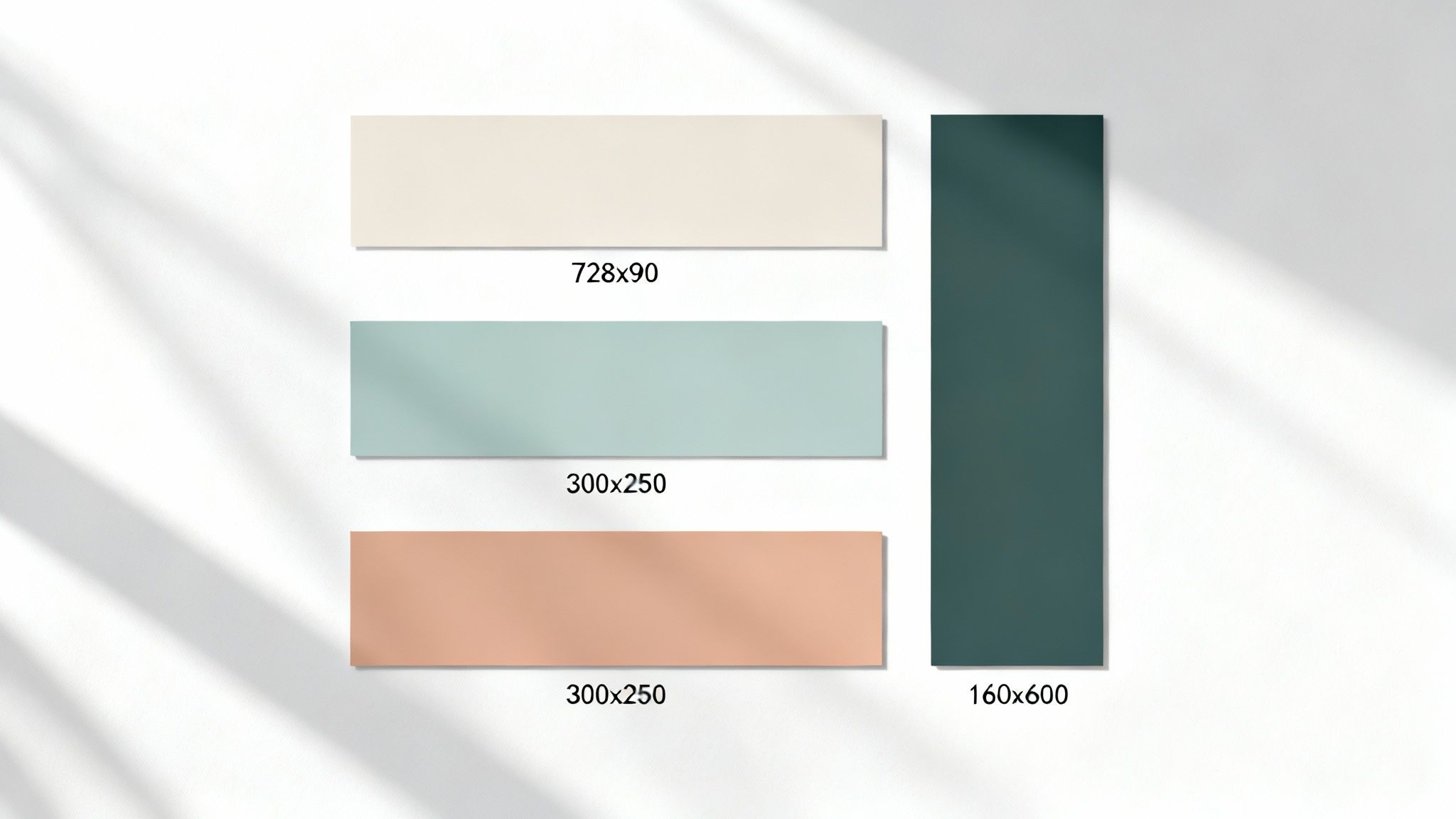 Different sized web banner ads in various colors on a textured white background with shadows.