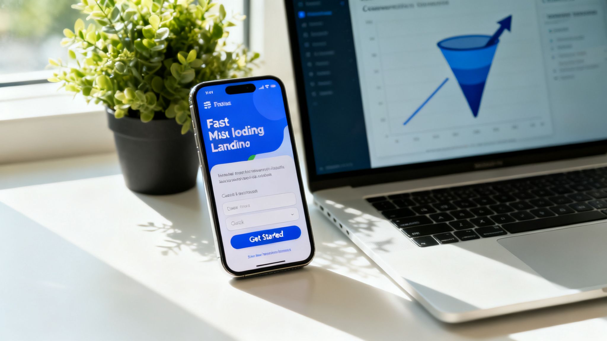 Smartphone on a desk showing a lead generation landing page, with a laptop displaying a marketing funnel graph.