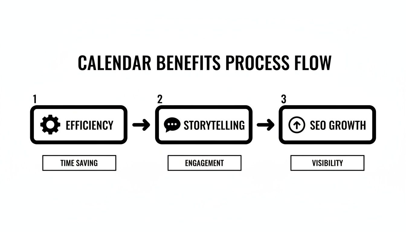 A process flow diagram showing calendar benefits: Efficiency for time saving, Storytelling for engagement, and SEO Growth for visibility.
