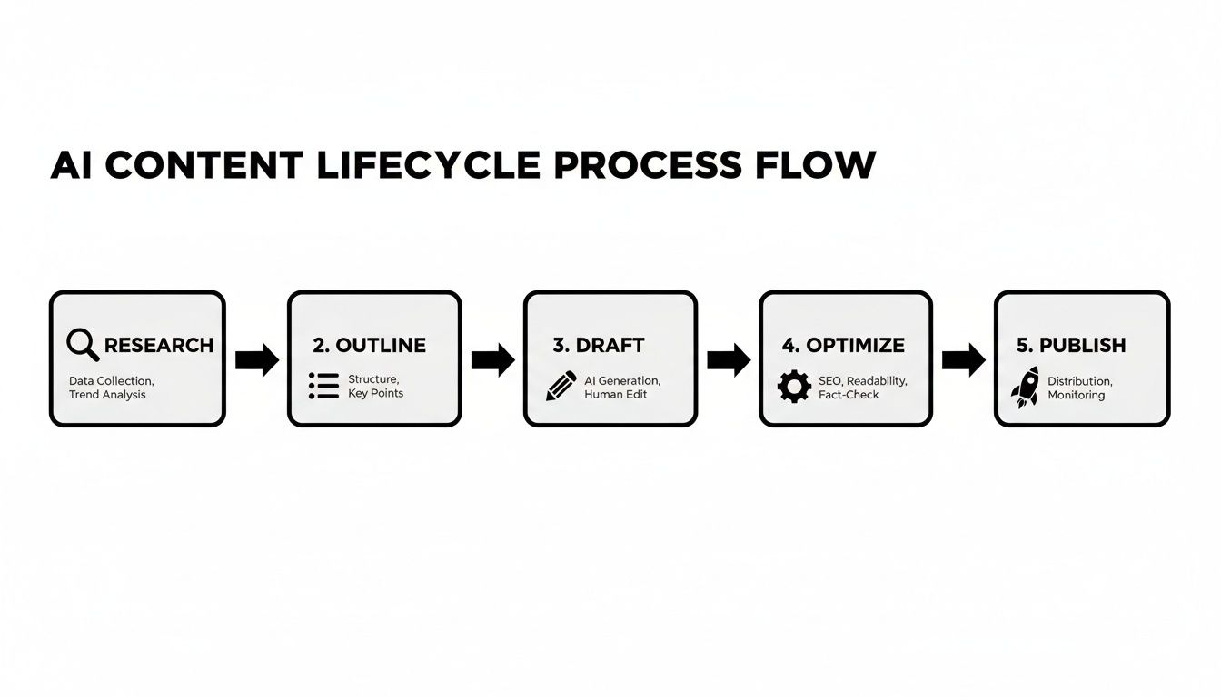 An AI content lifecycle process flow chart detailing five steps: research, outline, draft, optimize, and publish.