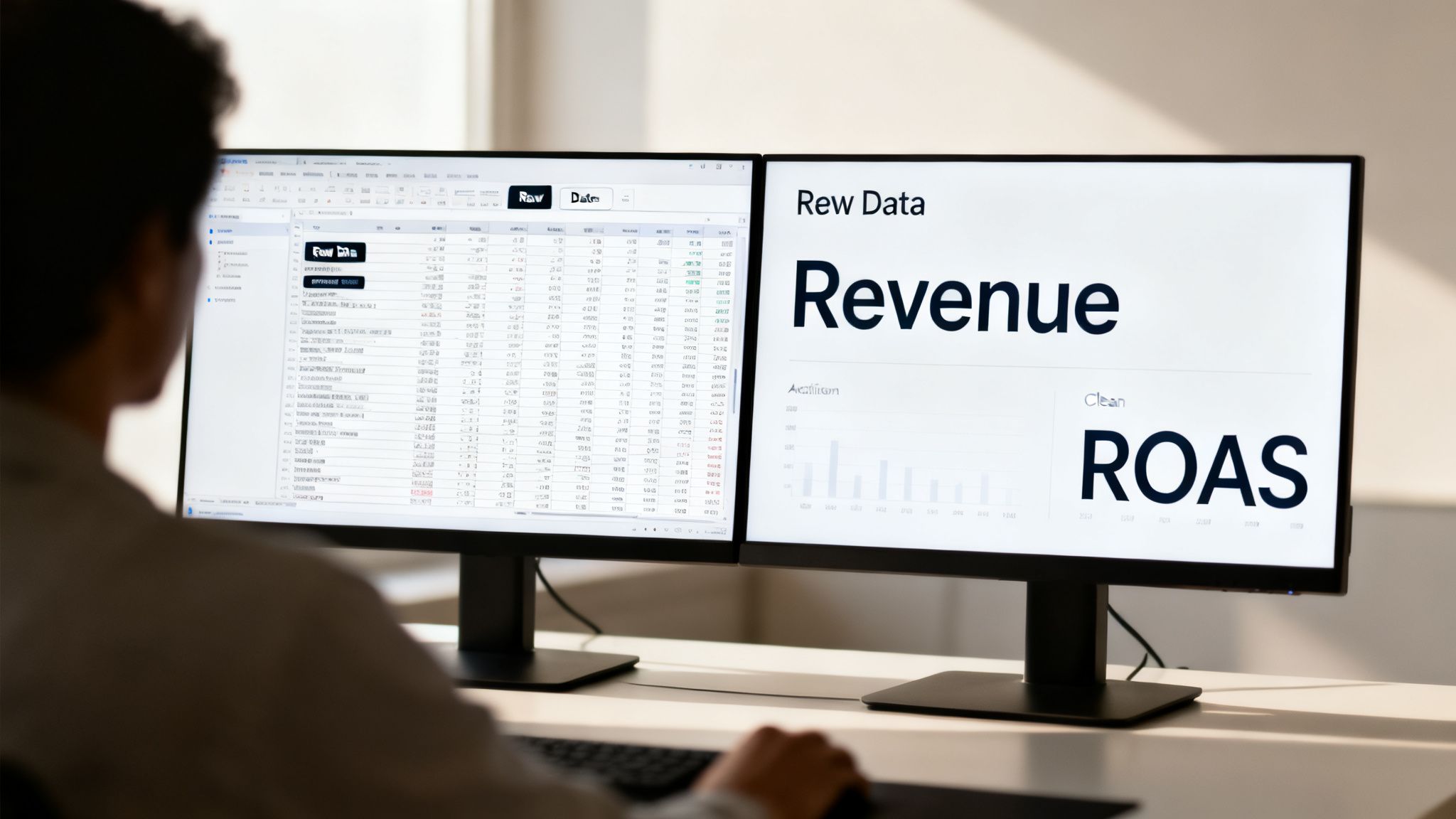 A person works on dual computer monitors, analyzing raw data, revenue, and ROAS metrics.