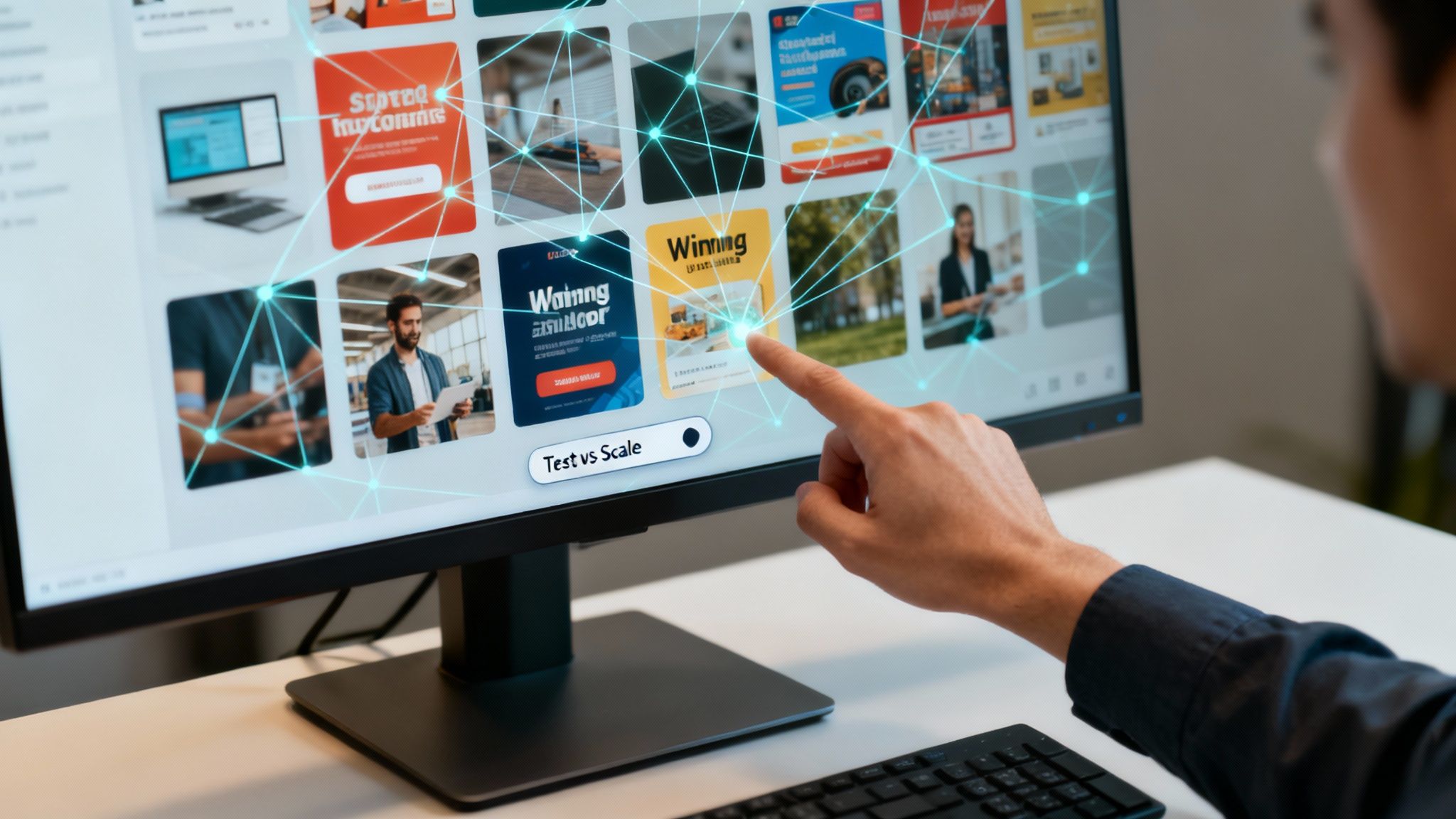 A hand touching a computer screen displaying a digital network connecting various content cards and 'Test vs Scale'.